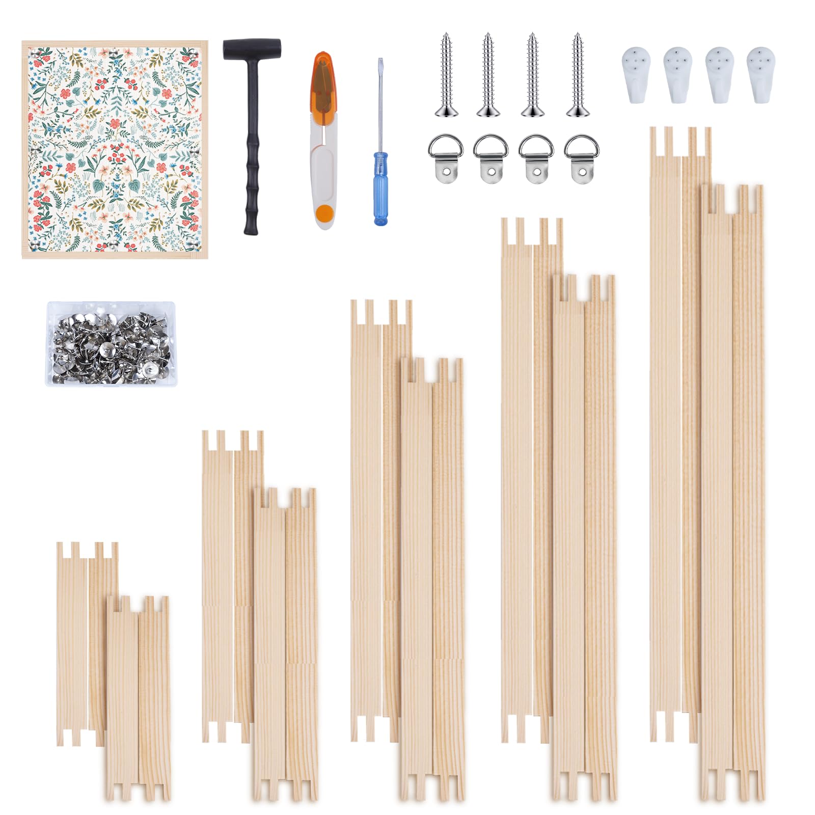Photo 1 of 20Pcs Wooden Needlepoint Stretcher Bars Set,5 Sizes with 100pcs Thumb Tacks Canvas Stretcher Bars Frame for Needlework Embroidery, Stitch Frame Set Bundle with Crafts