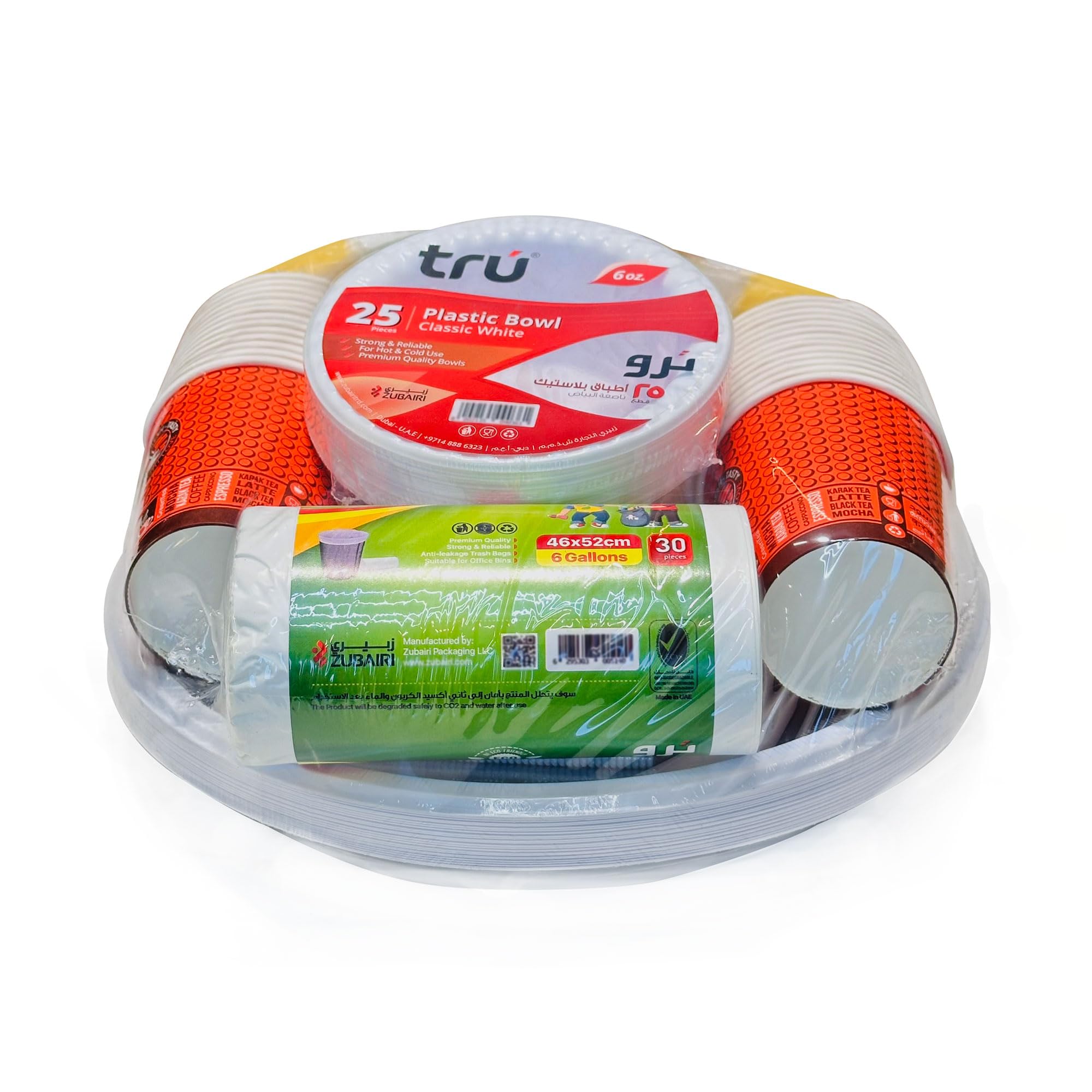 tru® Combo Pack (Plastic & Paper Disposable) 25pc Plastic Plate, 25pc Plastic Bowl, 25pc HD Paper Cup, Striped Sufra 2 rolls, 50pc White Plastic Spoon, 46x52 6 Gallon Garbage bags 1 Roll