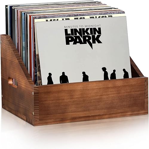 Wooden Vinyl Record Storage Crate, Large-Capacity Retro Record Holder Box for 60+ LP Albums, Durable Solid Wood Vinyl Organizer with Handles, Record