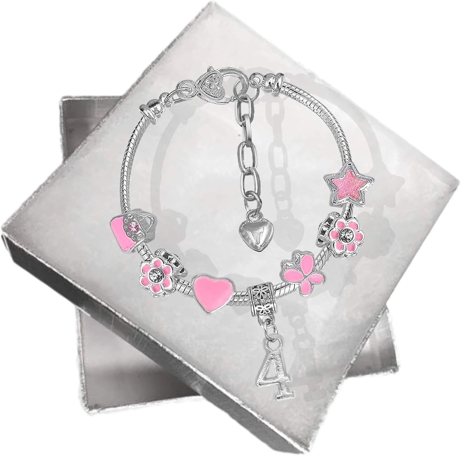 Girls 4th Birthday Sparkly Pink Handbags and Butterflies Silver Plated Adjustable Charm Bracelet with Gift Box 4th Birthday Gifts for Girls Age 4 - Image 3