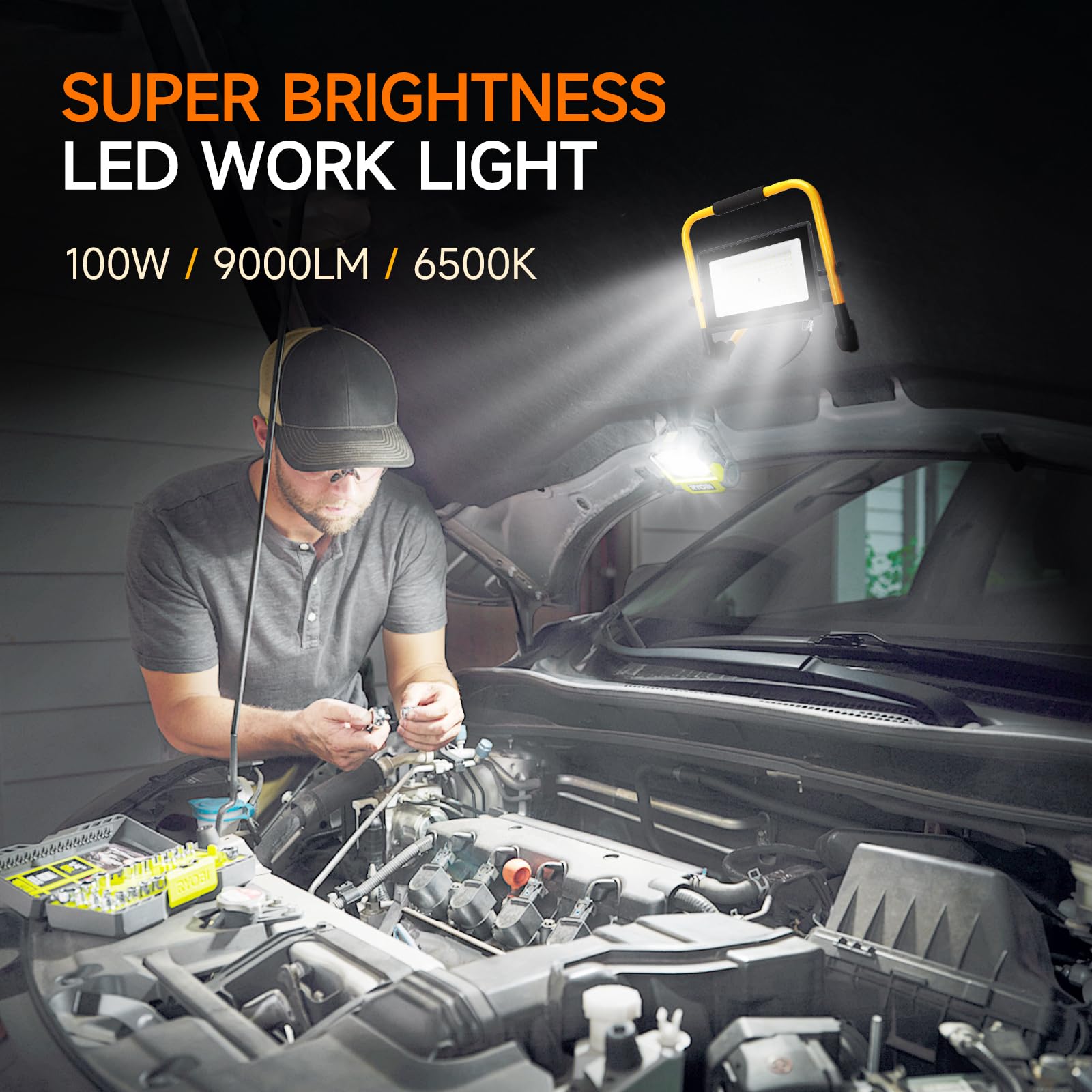 Aigostar Foco de Trabajo LED 100W,9000LM,Foco LED Portátil con Cable de 4M,Enchufes Con Interruptor Estanco,IP65 Impermeable,Soporte plegable,Uso en Interior y Exterior, 6500K, 4 pcs