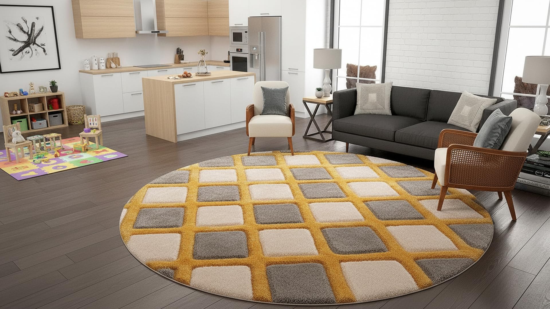 Modern Abstract Round Area Rug – Soft Carpet for Living Room, Bedroom, Dining & Kitchen | Anti-Skid, Easy Care, 3x3 Feet (Yellow Line 3D)-picture-36