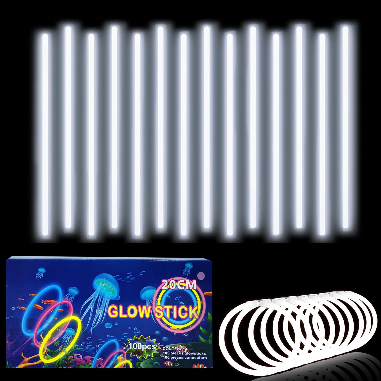100Pcs Glow Sticks Party Packs with Connectors,20cm Glowsticks,Glow in the Dark Supplies,Long Lasting Glow Stick Necklaces Bracelets Glasses Accessories for Kids Adults Easter Party Supplies-White