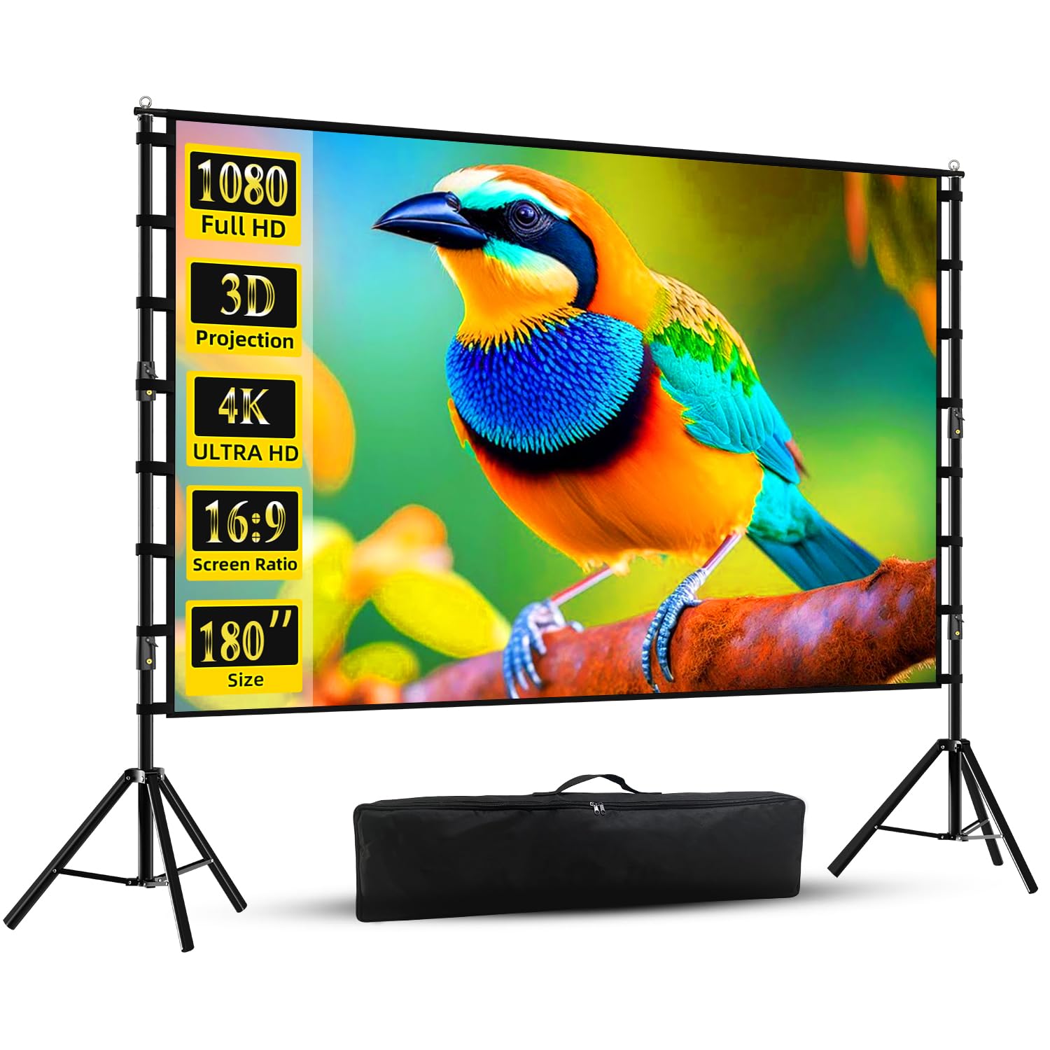 Wootfairy Projektor-Leinwand mit Ständer, 457,2 cm (180 Zoll), tragbare und faltbare Projektionsleinwand 4K HD 16:9, hintere Vorderseite, faltenfreie Filmleinwand mit Tragetasche für drinnen und