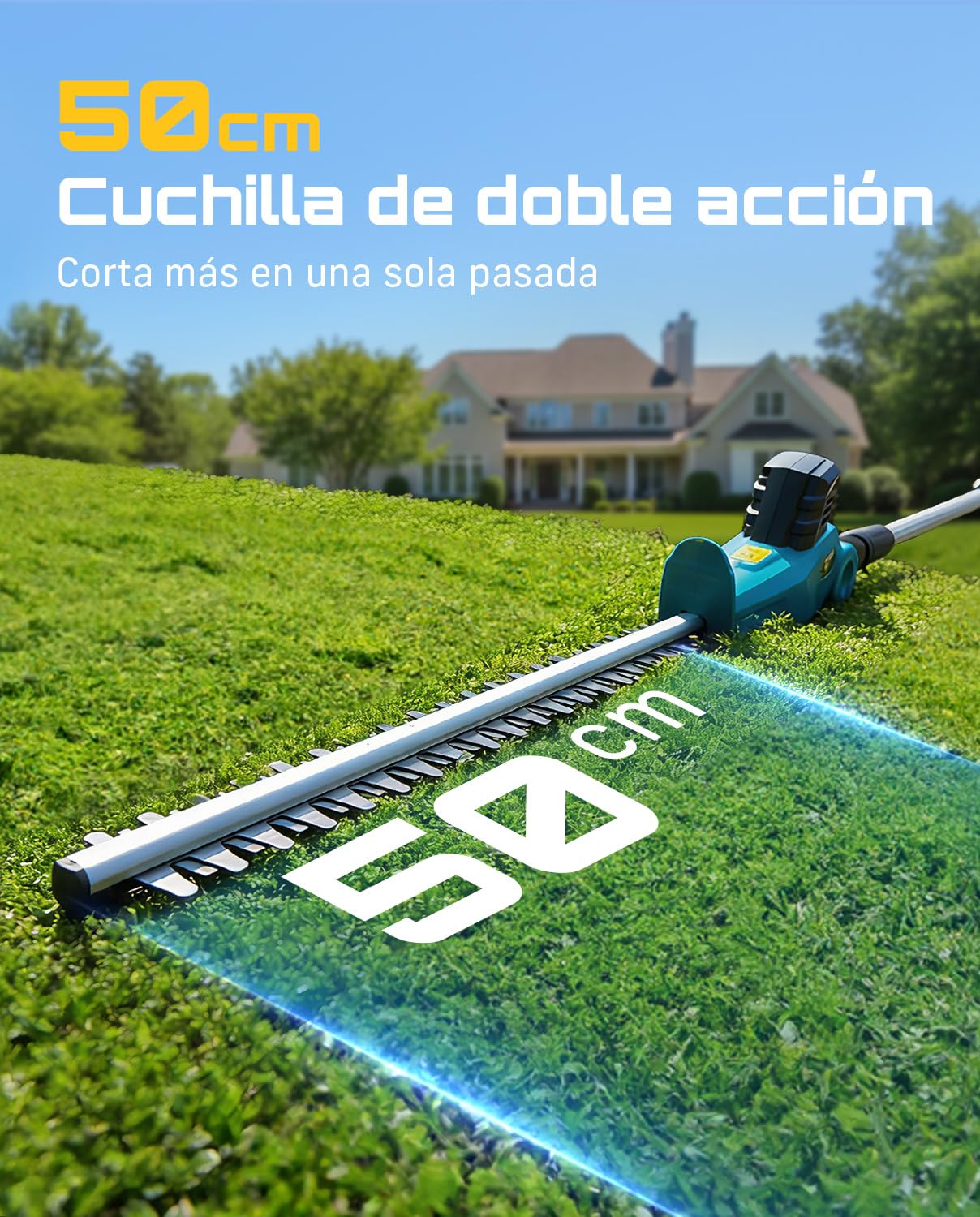 SEESII Cortasetos Batería, Cortasetos Eléctrico con Pértiga Telescópica 2,4 M, Cuchilla Doble Acción 50 Cm, 2×4000 mAh Baterías, Cabezal Giratorio Ajustable, para Setos Y Arbustos