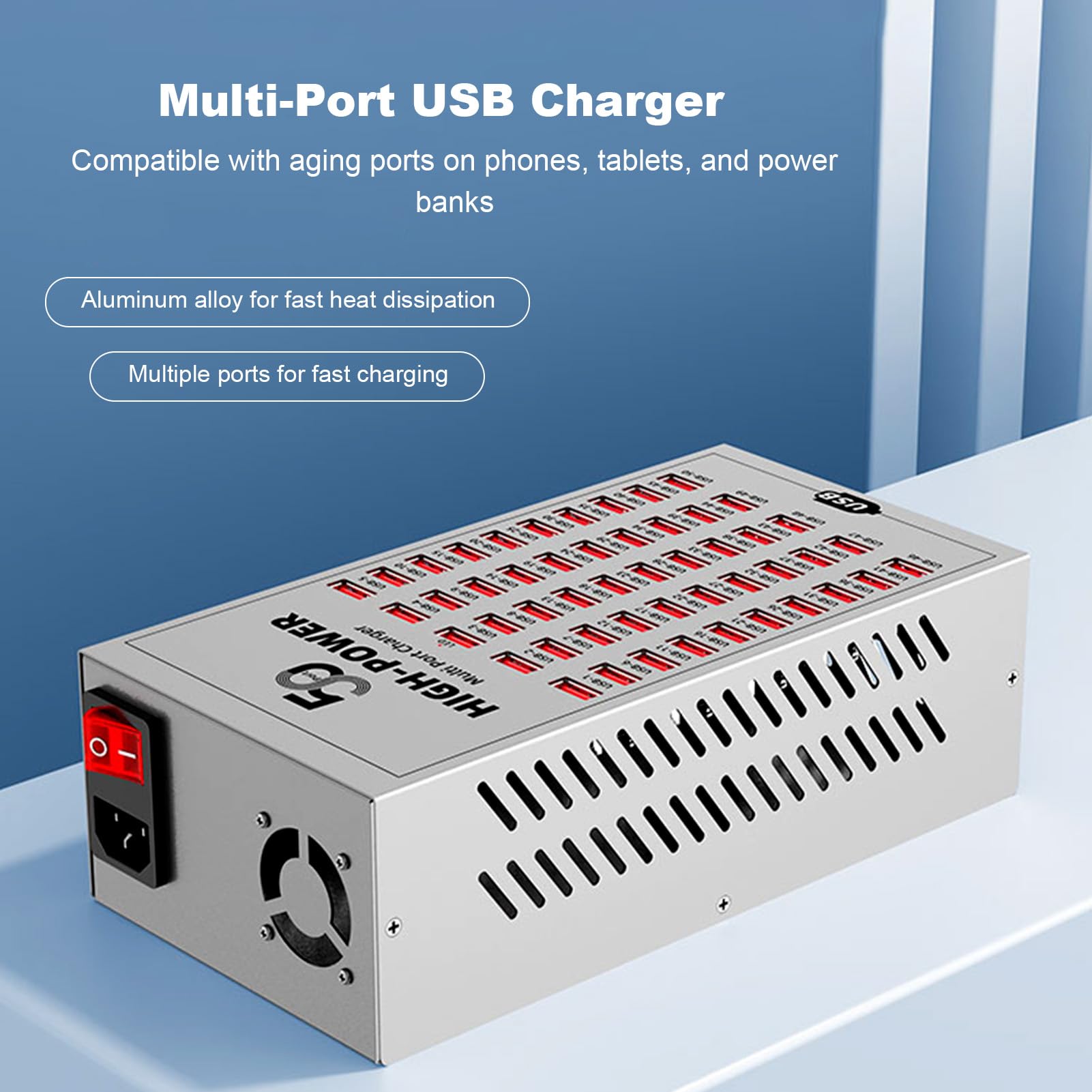 50 Port 200 Watt USB Station de Charge, Bloc de Chargeur Rapide Haute Puissance, Multiple Chargeur USB de Bureau pour Les Hôtels, Les écoles, Les Bureaux (Prise UE 220-250V)