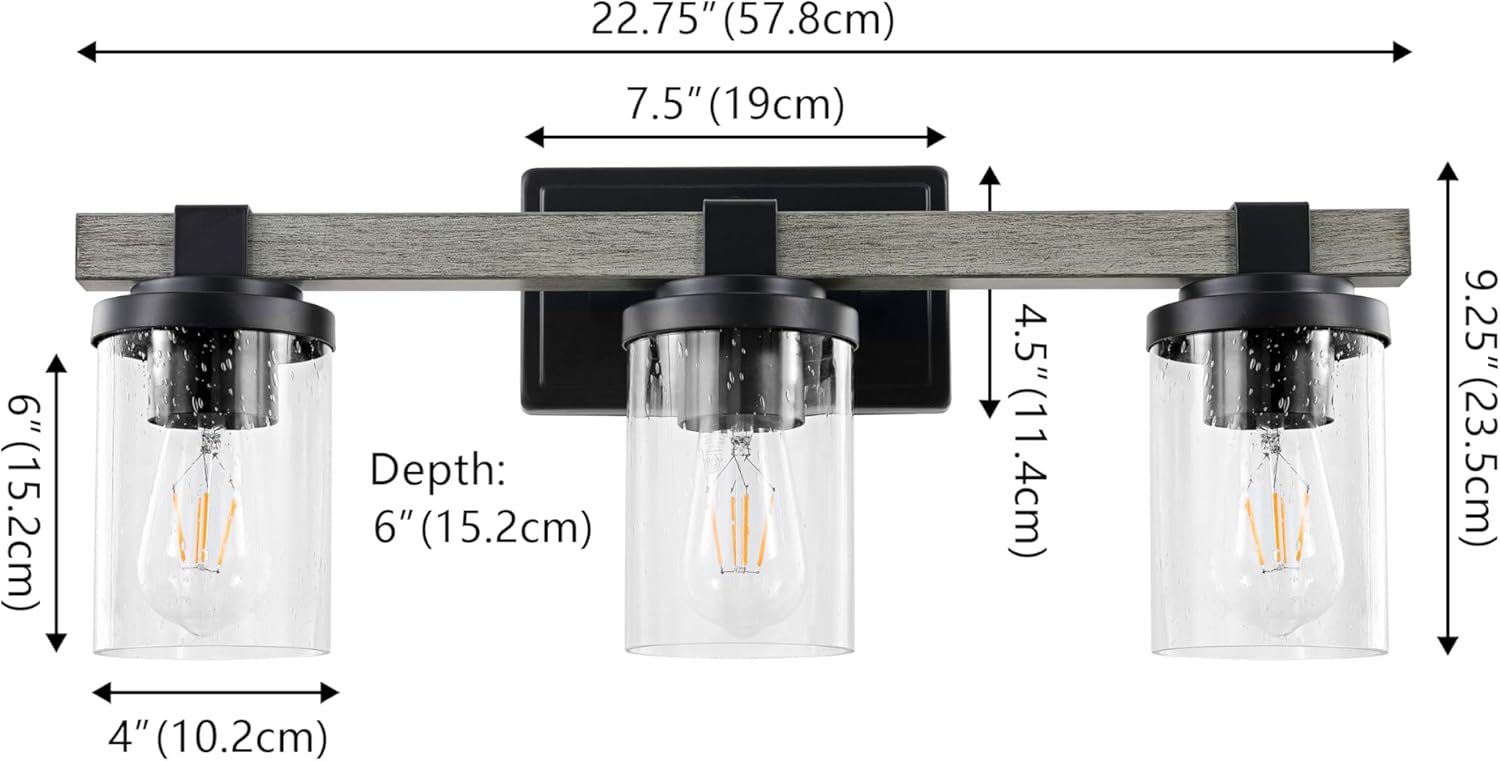 JONATHAN Y 22.75" Black/Gray Oak Wood Finish LED Vanity Light, Rustic Farmhouse Sconce, Clear Seeded Glass Shade, Industrial Wall Lamp for Bathroom Mirror, Kitchen Sink, LED Bulb (JYL7509B)