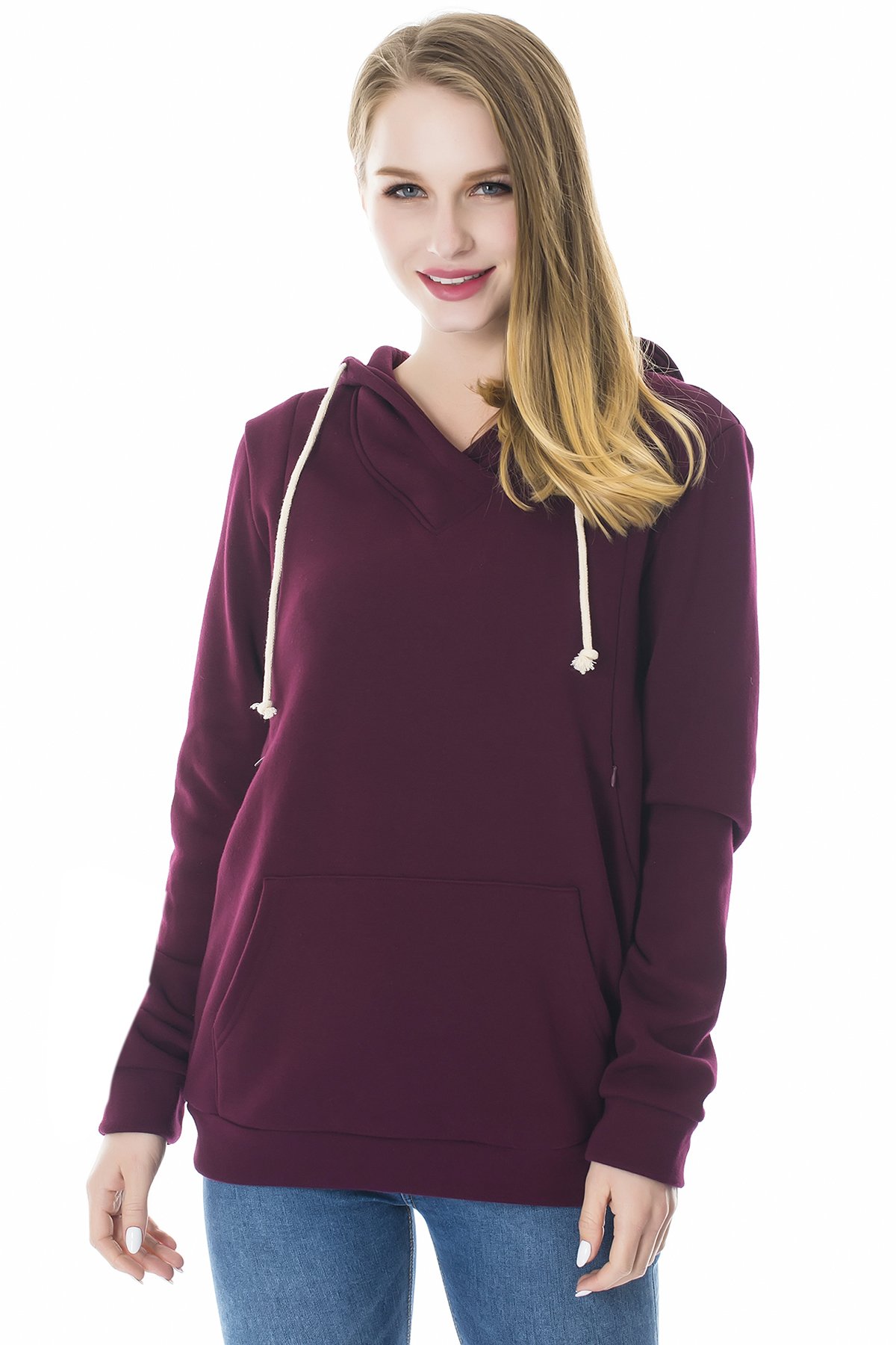Smallshow Nursing Hoodies Fleece Maternity Sweatshirt for Breastfeeding Wine 2XL
