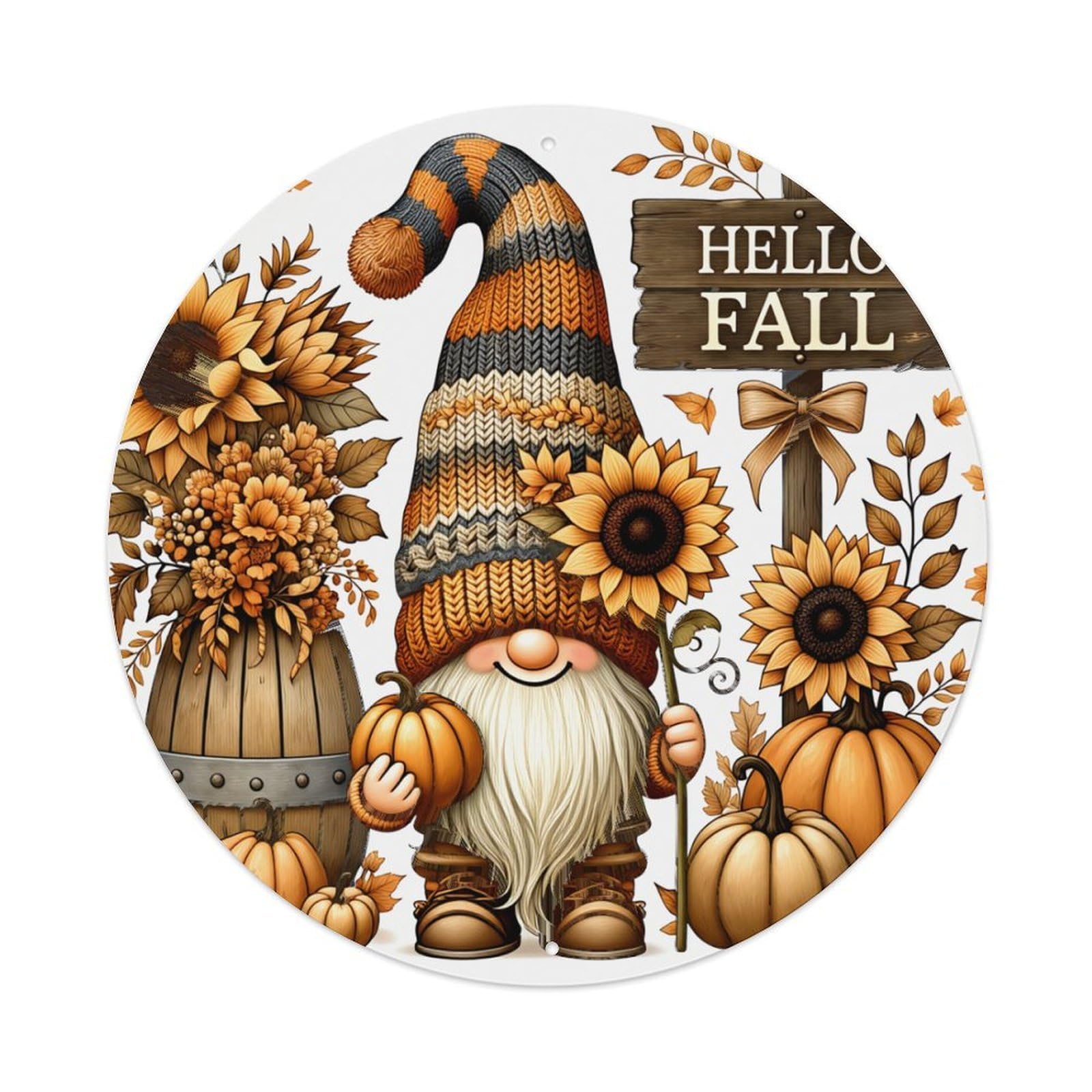 Autumn Gnome Sunflowers Pumpkins Leaves Round Tin Sign Retro Metal Sign for Cafe Bar Pub Home Game Room Gym Club Wall Decoration Vintage Metal Poster 8x8 Inch