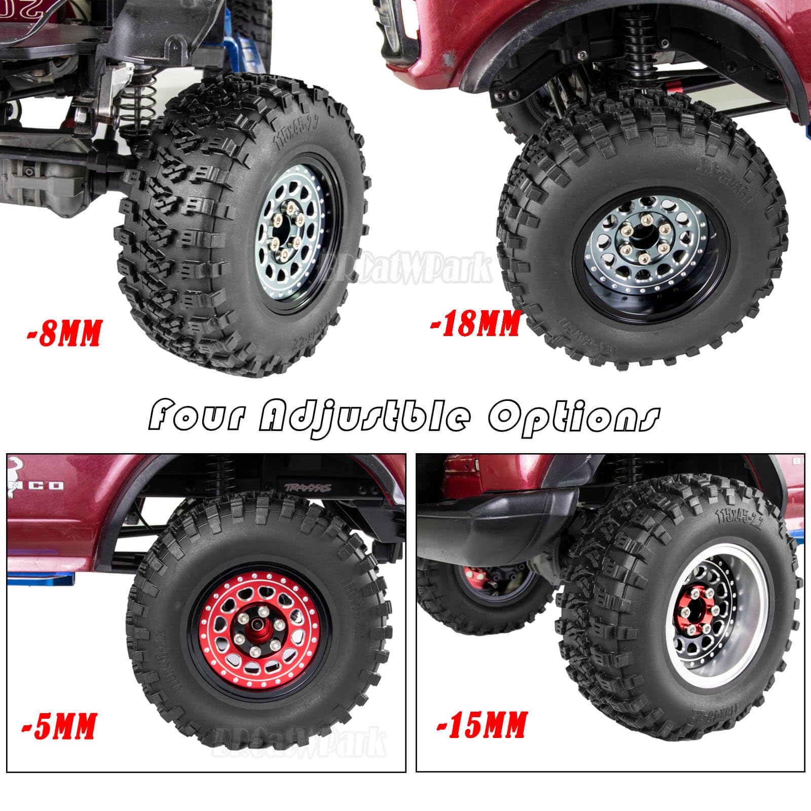 RC 2.2 Beadlock Roues réglables 4 jantes décalées pour voiture à chenilles Axial 1/10 SCX10 AMG 6x6 TRX4 Redcat Gen8 Redcat Everest Gen 7 Pro RC Crawler, rouge