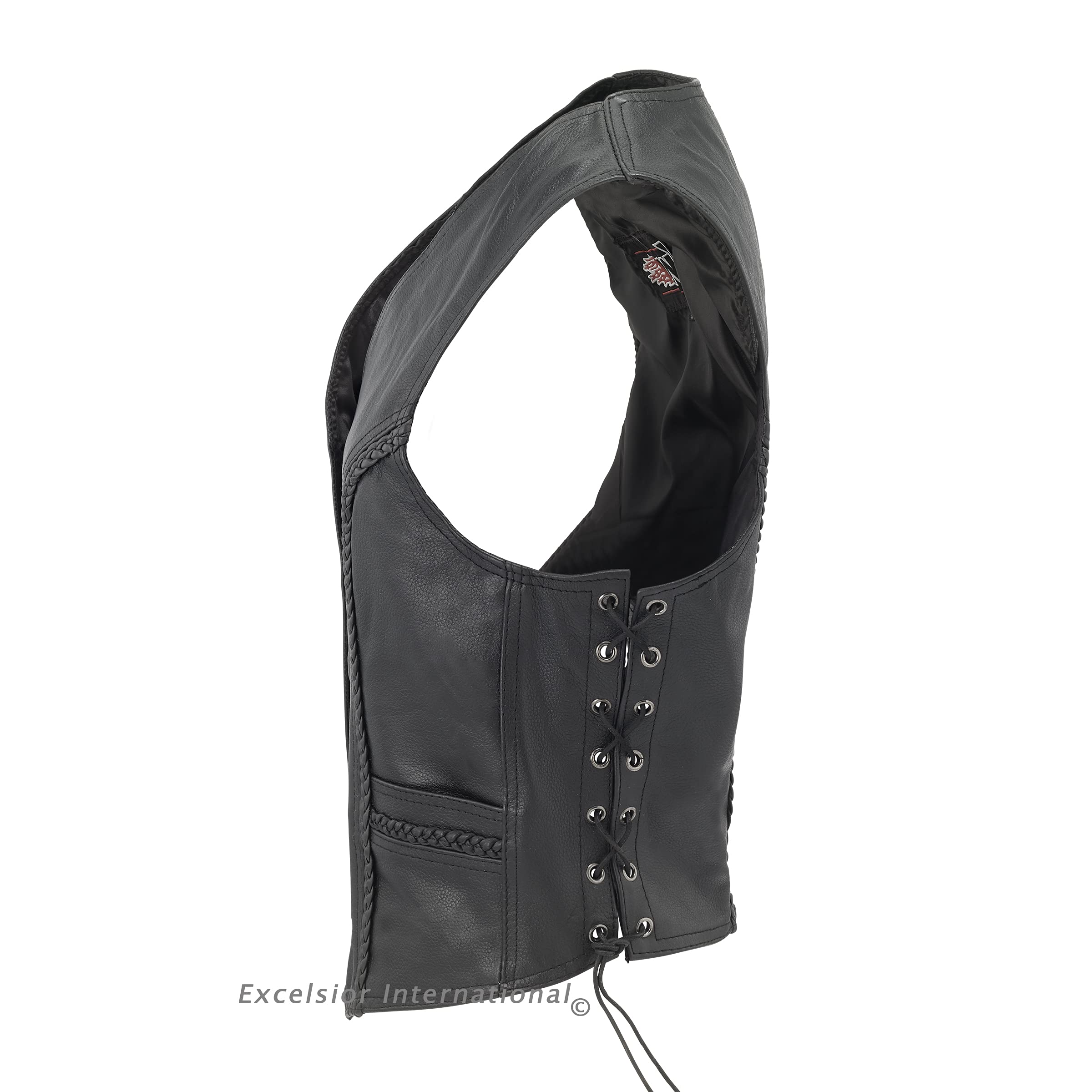 Womens Black Leather Motorcycle Vest With Braid on Front and Back Side Laces concealed carry (S, Black)