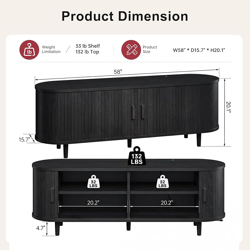 58" Mid Century Modern TV Stand, Wood TV Consoles with Sliding Doors and Power Outlet, Fluted Entertainment Center with Adjustable Shelves, Media Console for Living Room, Black image 2