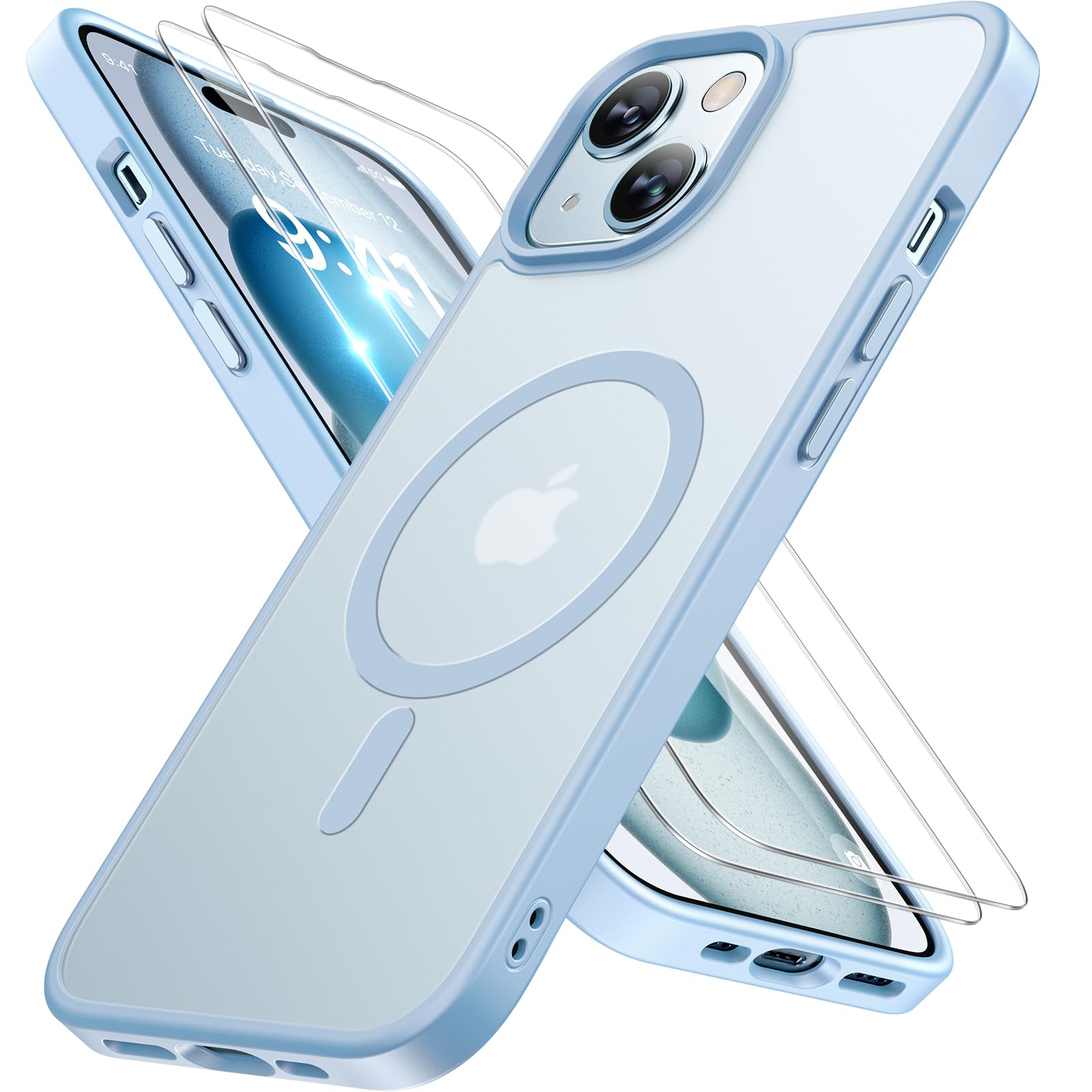 Miracase Magnetic for iPhone 15 Case (Compatible with MagSafe)（with 2X Screen Protectors） Military-Grade Protection, Anti-Fingerprint Translucent Matte Phone Cover for iPhone 15 6.1 inch, Light Blue