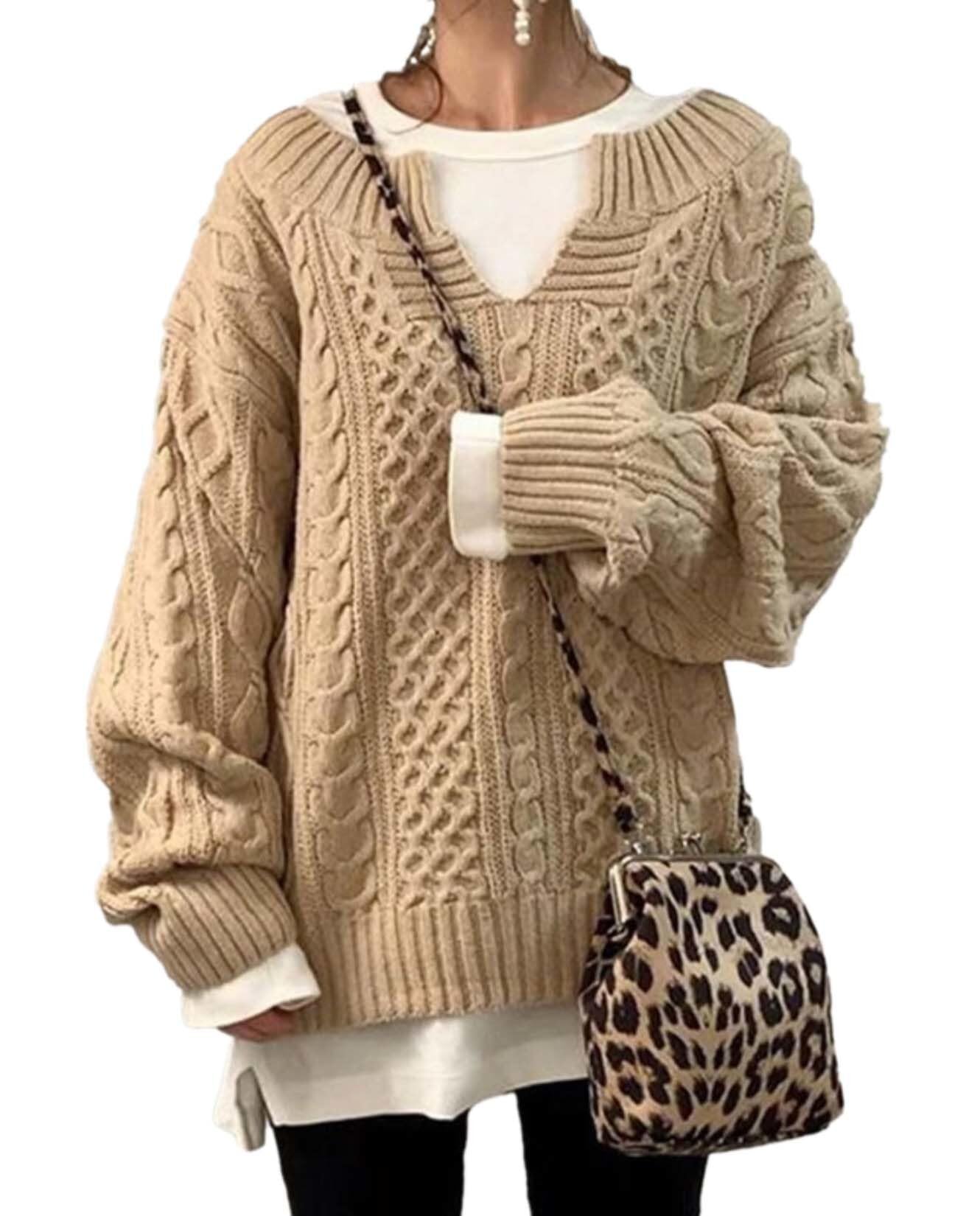 Womens Winter Chunky V Neck Long Sleeve Loose Knit Pullover Sweater Fashion Knit Casual Knit Sweater
