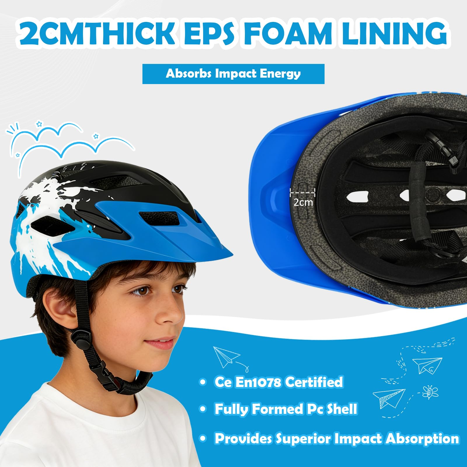 LeapBeast Casco de bicicleta para niños y niñas, con luz, ajustable, para BMX, monopatín, ciclismo, patines en línea, 50-56 cm (a partir de 5-14 años)