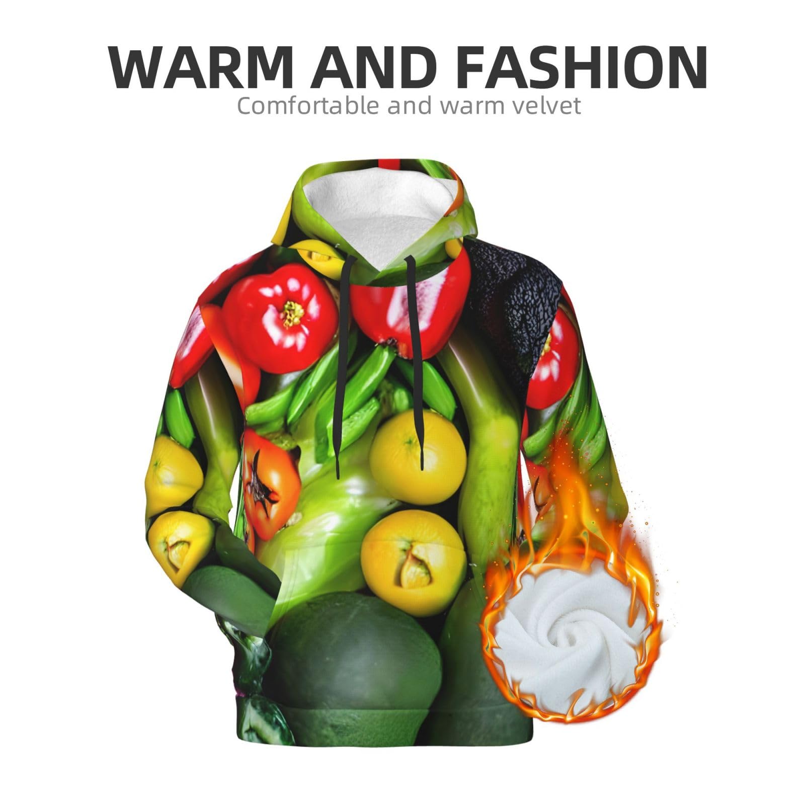 Męska bluza z kapturem z nadrukiem świeżych warzyw i owoców, casualowa grafika z nadrukiem bluzy z kapturem z kieszenią