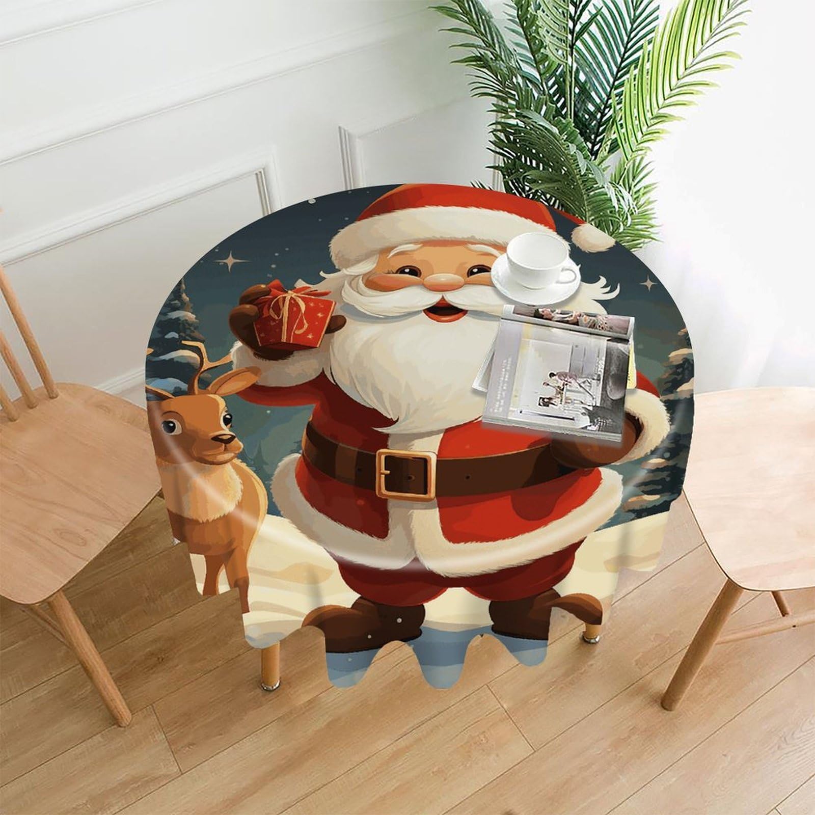 FodPand Christmas Santa Claus Round Tablecloth - 60 Inch Premium Polyester Table Cloth, Fashion Wrinkle Resistant Decorative Table Cover for Dining Kitchen Party Buffet Tables