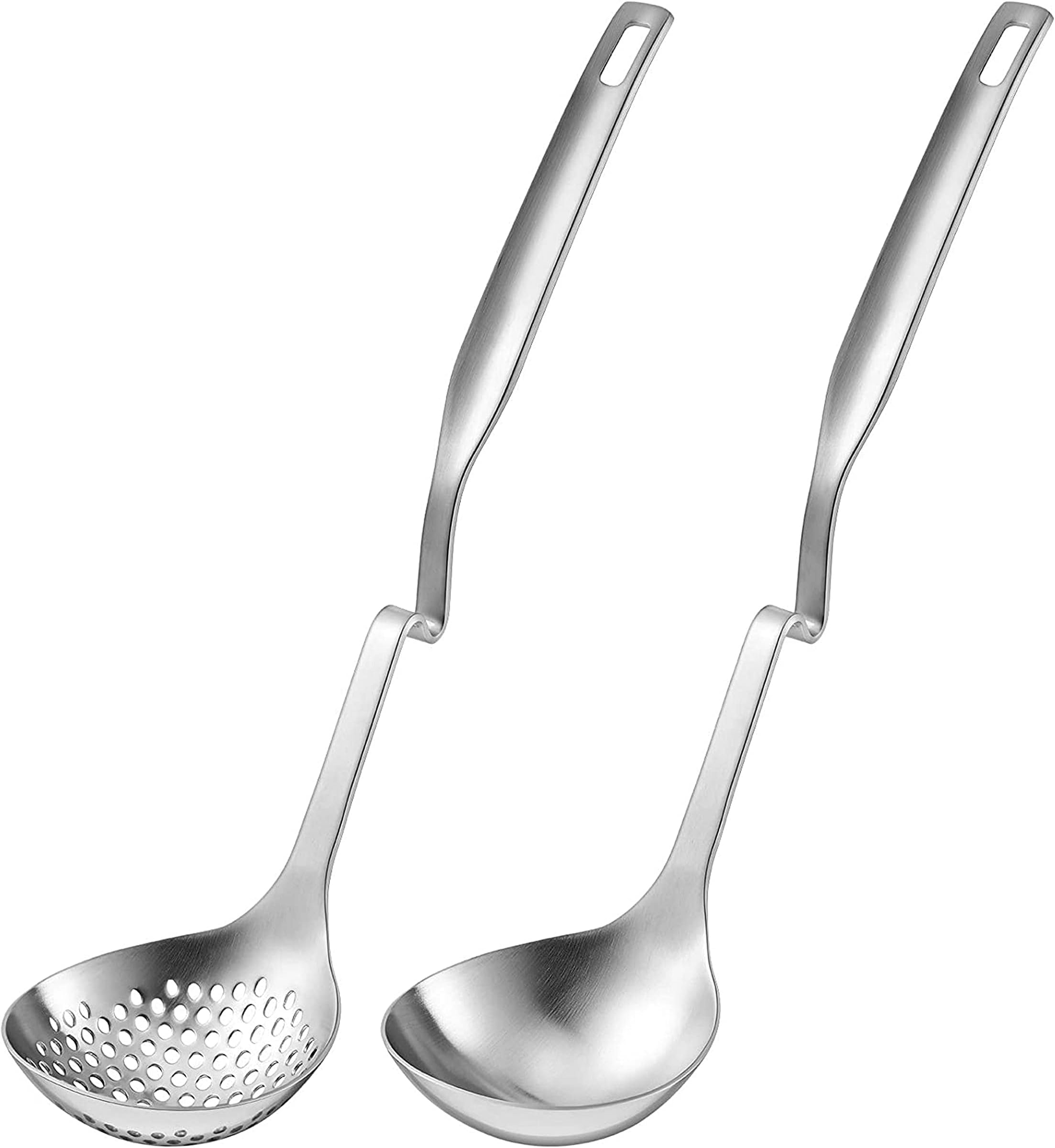 GuDoQi Soup Ladle, 2 Pack Durable 304 Stainless Steel Soup Skimmer, Slotted Strainer Ladle, with S Shape Hanging Handle, Cooking Spoon for Kitchen, 12 Inches