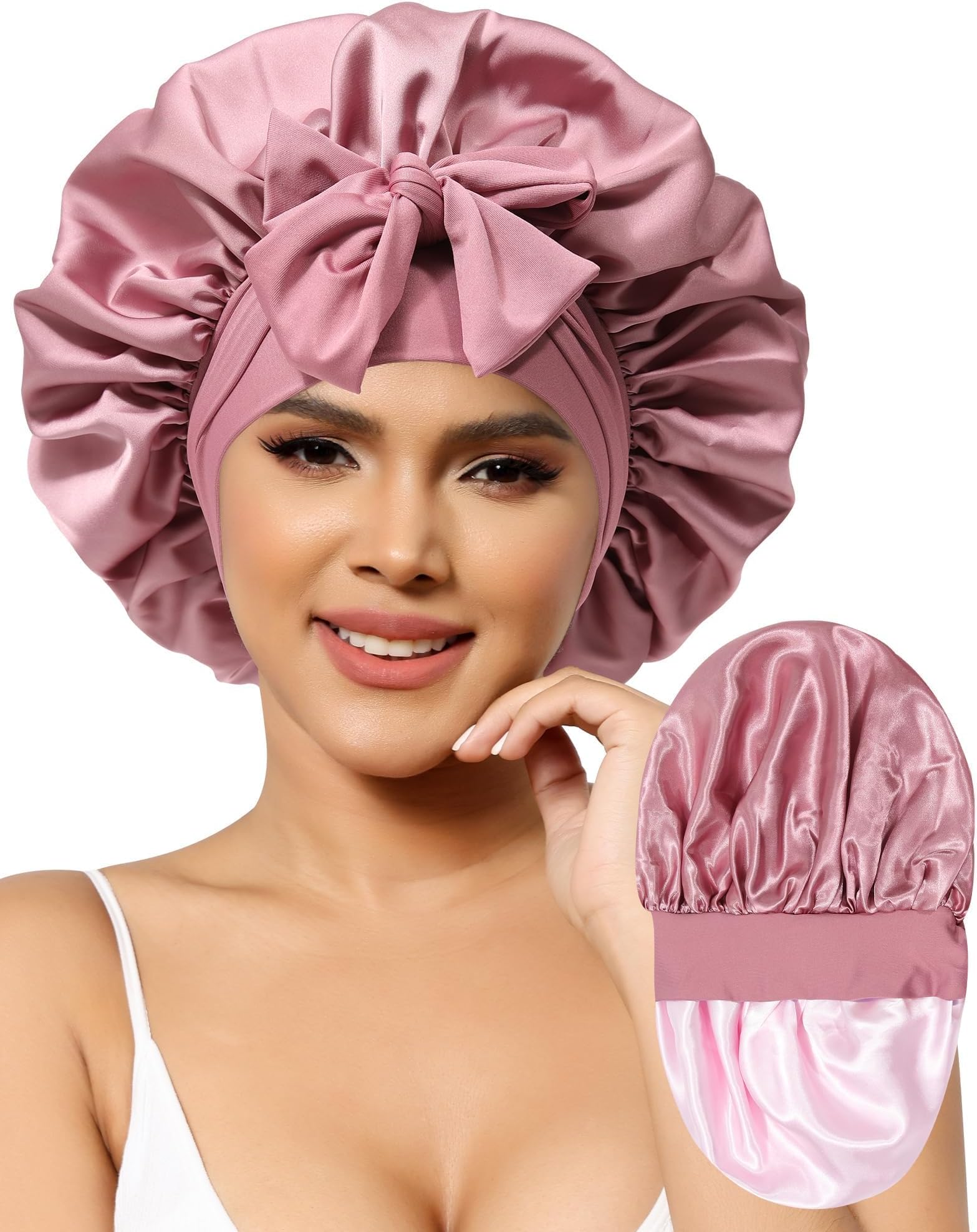 - Satin Bonnet for Women Silk Bonnets for Sleeping Curly Hair Bonnet with Elastic Tie Band Reversible Double Layer Sleep Cap Hair Wrap (Bean Paste + Pink)