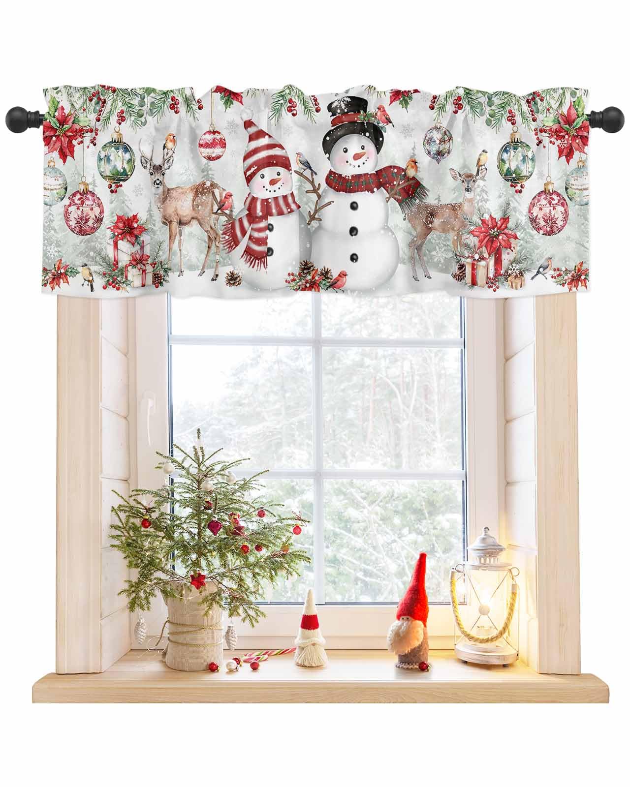 Christmas Valance for Windows Snowman Curtains Valances Reindeer Valance Window Treatments Christmas Balls Short Curtains for Kitchen Living Room Bedroom Bathroom Xmas Holiday Decor 54x18 Inch