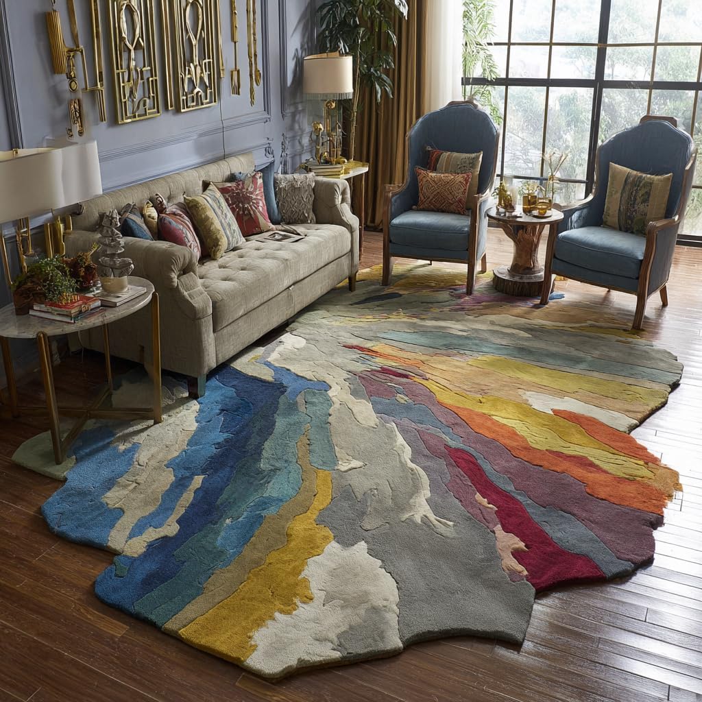 Restoration and Renovation Handmade Irregular Shape Wool Area Rug – Colorful Abstract Tufted Carpet – Modern Designer Statement Rugs for Living Room, Bedroom & Home Décor (Multicolor A, 5' x 8')