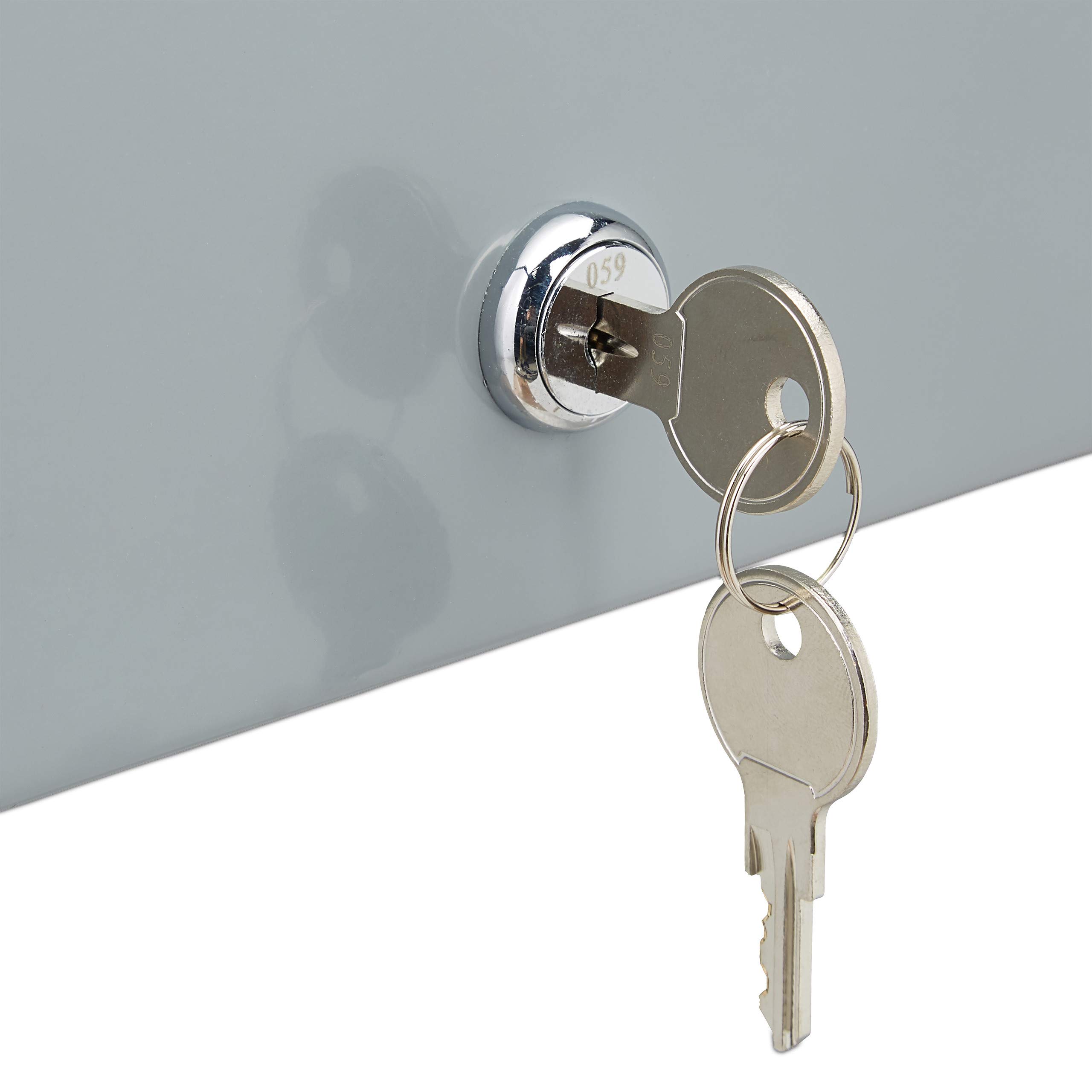 Relaxdays Cassetta di Sicurezza, Richiudibile, con Scomparto Monete, Cassaforte Mobile con 2 Chiavi,LxP 17x17 cm, Grigia