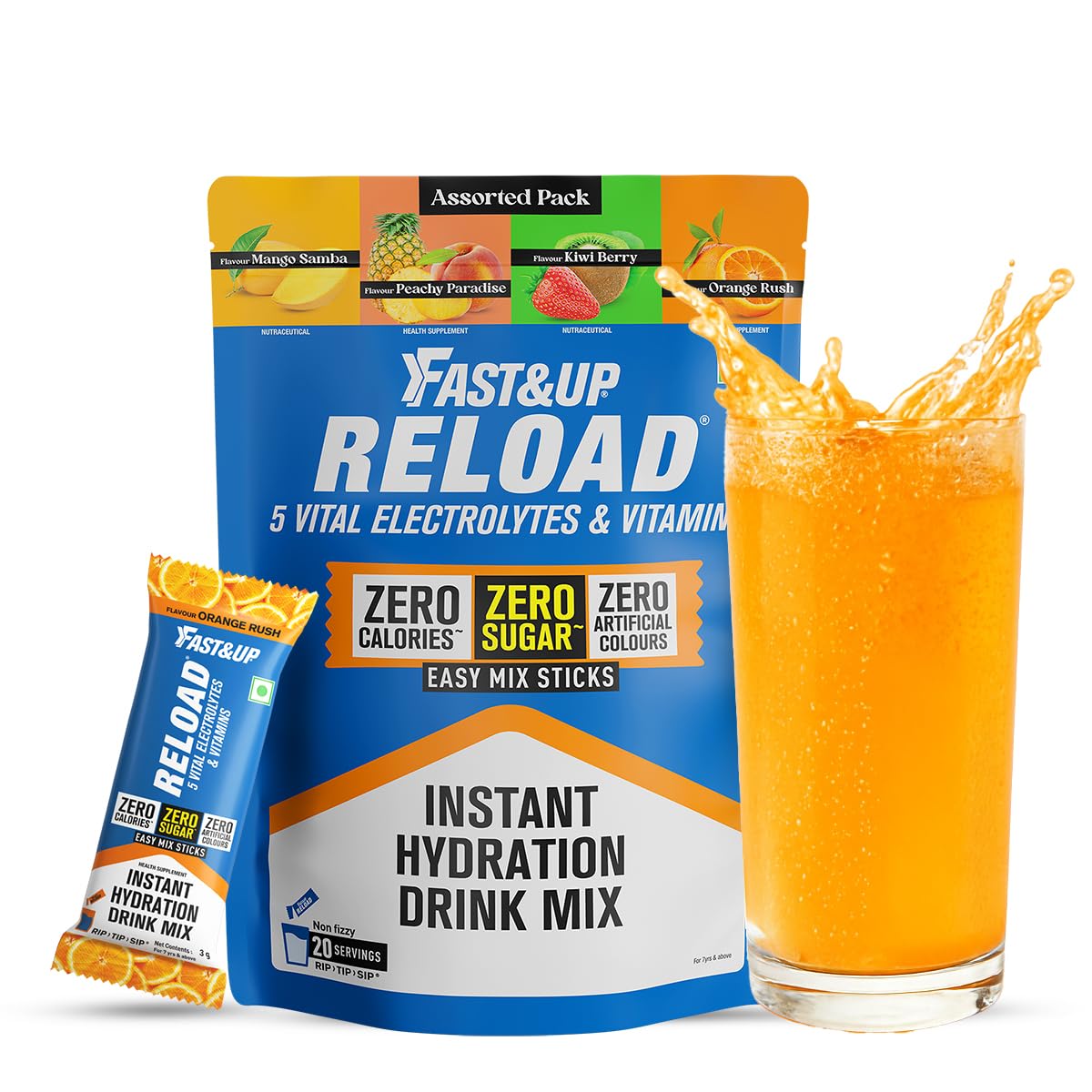Fast&Up Reload Electrolytes Powder Sachets | Zero Added Sugar Hydration Drink with 5 Essential Electrolytes Vitamin C & B12 | Summer Heat, Workout Recovery, Travel & Wellness | Assorted Pack of 20 Sachets-image-14