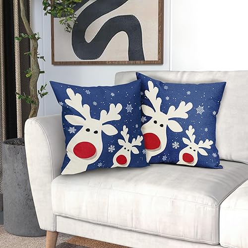 Miniatura 6 de aportt Juego de 2 fundas de almohada lumbar de 12 x 20 pulgadas, diseño de reno de copos de nieve azul de invierno, diseño de reno de Navidad para