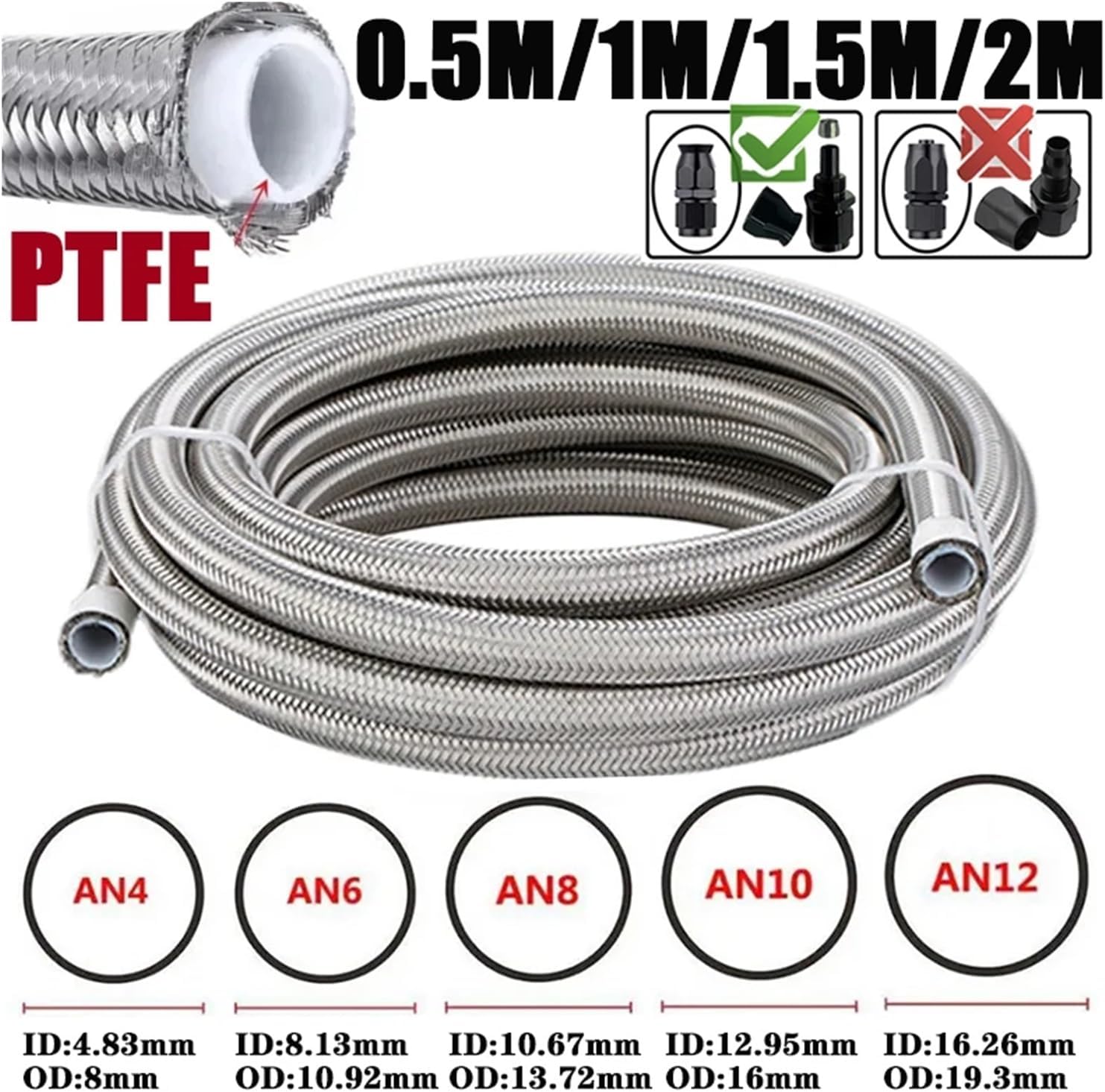 0.5M/1M/1.5M/2M 3AN 4AN 6AN 8AN 10AN E85 PTFE Fuel Hose Oil Gas Cooler Line Turbo Pipe Brake Tube 304 Stainless Steel Braided(1M AN6 ID8.13mm)