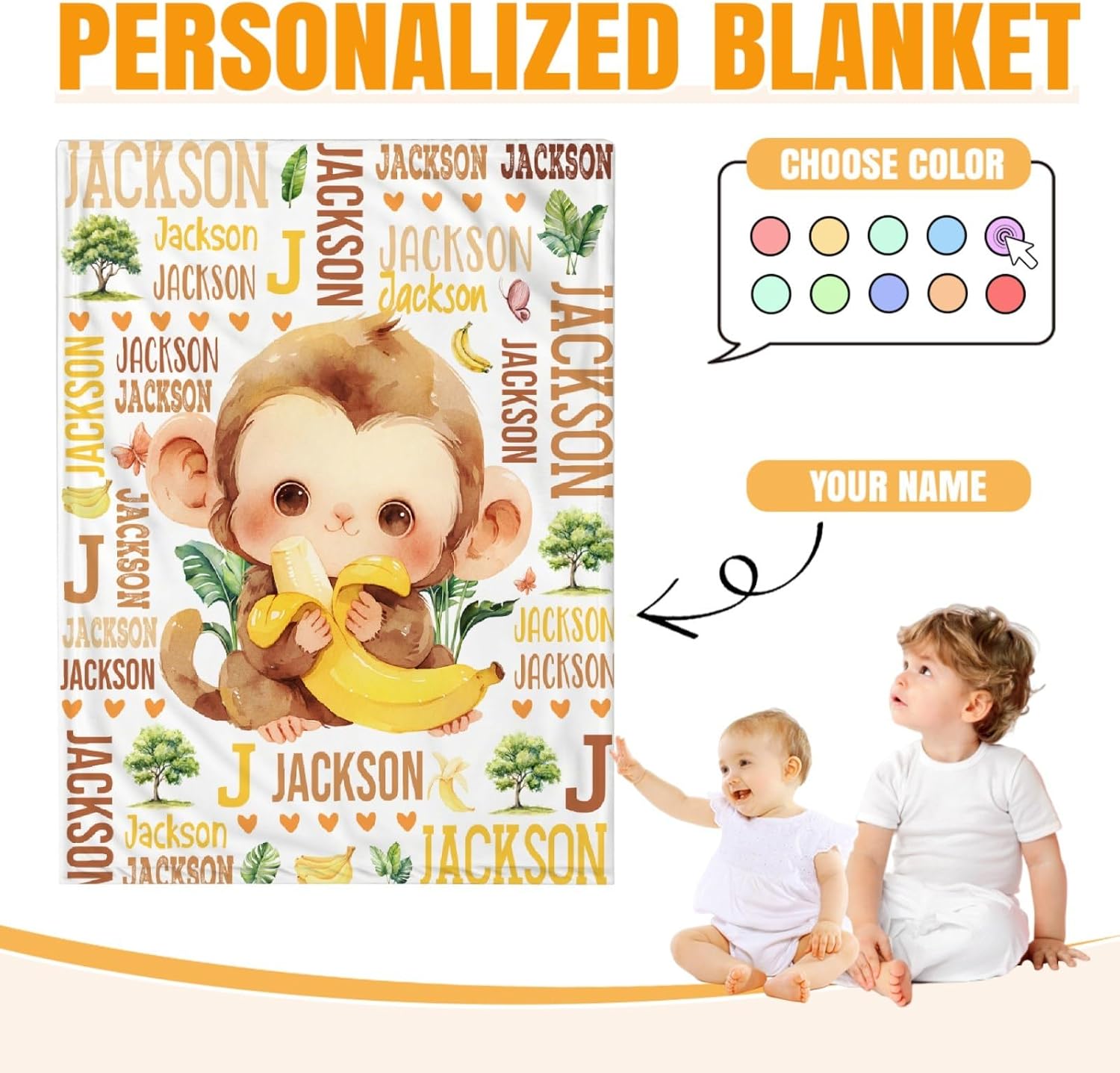 Personalized Custom Monkey Blanket - Swaddle Blanket for Toddlers, Infants, Newborns - Stroller Crib Decor Throw - Kids/Throw Size, 40"x50" - Birthday Gift