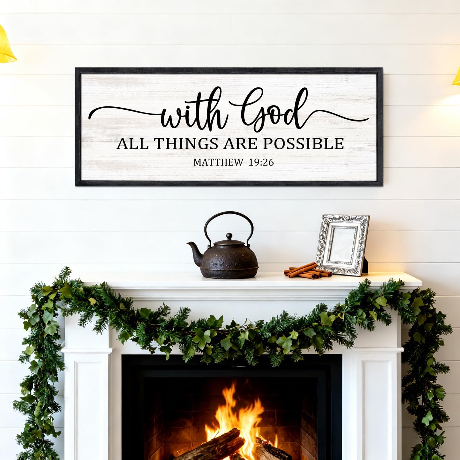 With God All Things are Possible Framed Wall Art, 40''×15'' Black Positive Religious Rustic Bible Verse for Christian God Jesus Christ Prayer, Holy Horizontal Inspirational Catholic Scripture Decor