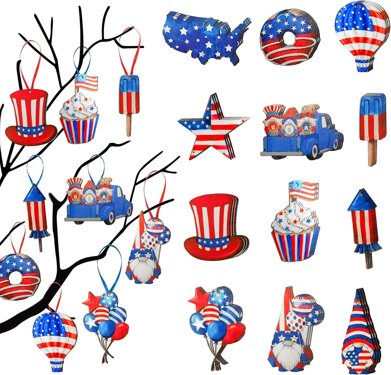 36PACK 4th of July Wooden Hanging Ornaments for Tree