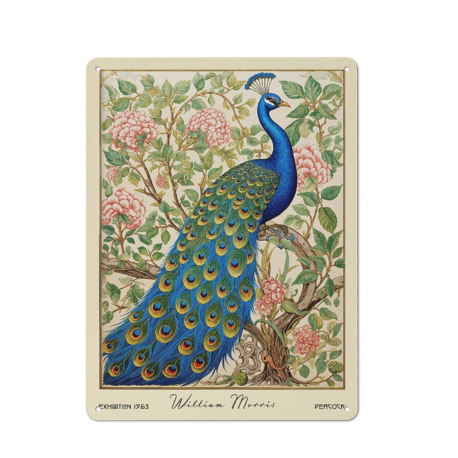 Junmoney Style-2 Tin Wall Plaque 40X30cm With William Morris Peacock Floral For Garage Wall, Suited To People Furnishing A Garage