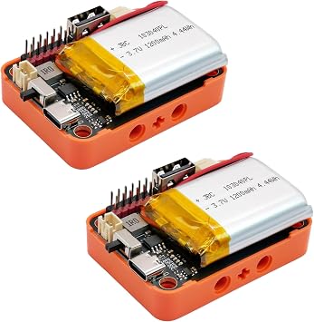 2-Pack LiPo Battery Module, USB-C Rechargeable 1200mAh, 3.3V 5V USB Output | Power Supply for Arduino ESP32 Raspberry Pi, 4-LED Battery Gauge, Pass-Through Power, Built-in Safety Circuits