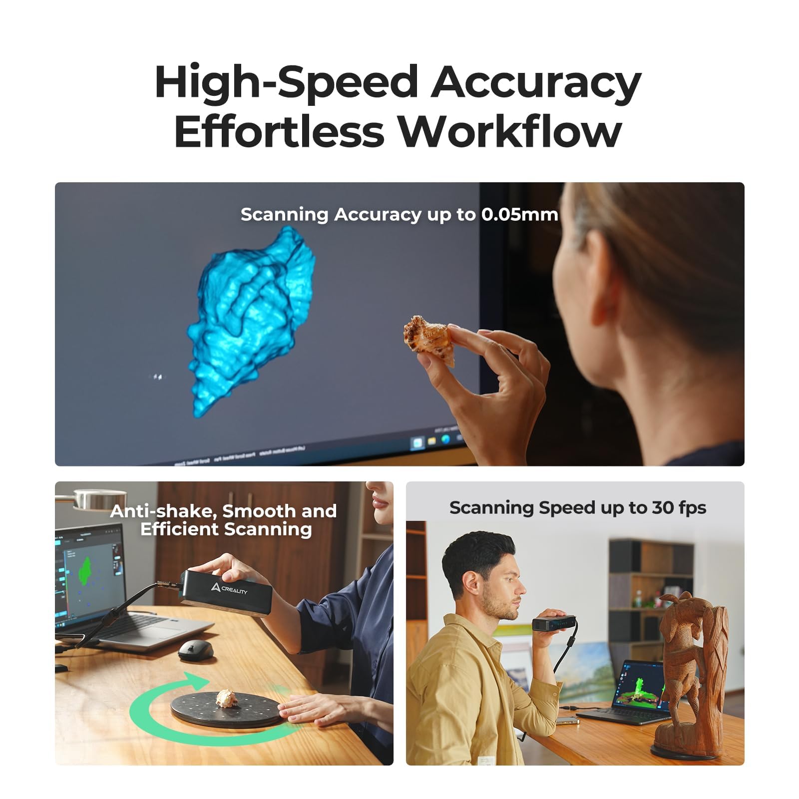 Creality Otter Lite - Scanner 3D per stampa 3D, scanner manuale senza fili, precisione 0,05 mm, anti-shake tracking, velocità fino a 30 fps, scansione a colori a 24 bit per oggetti da 20-2000 mm