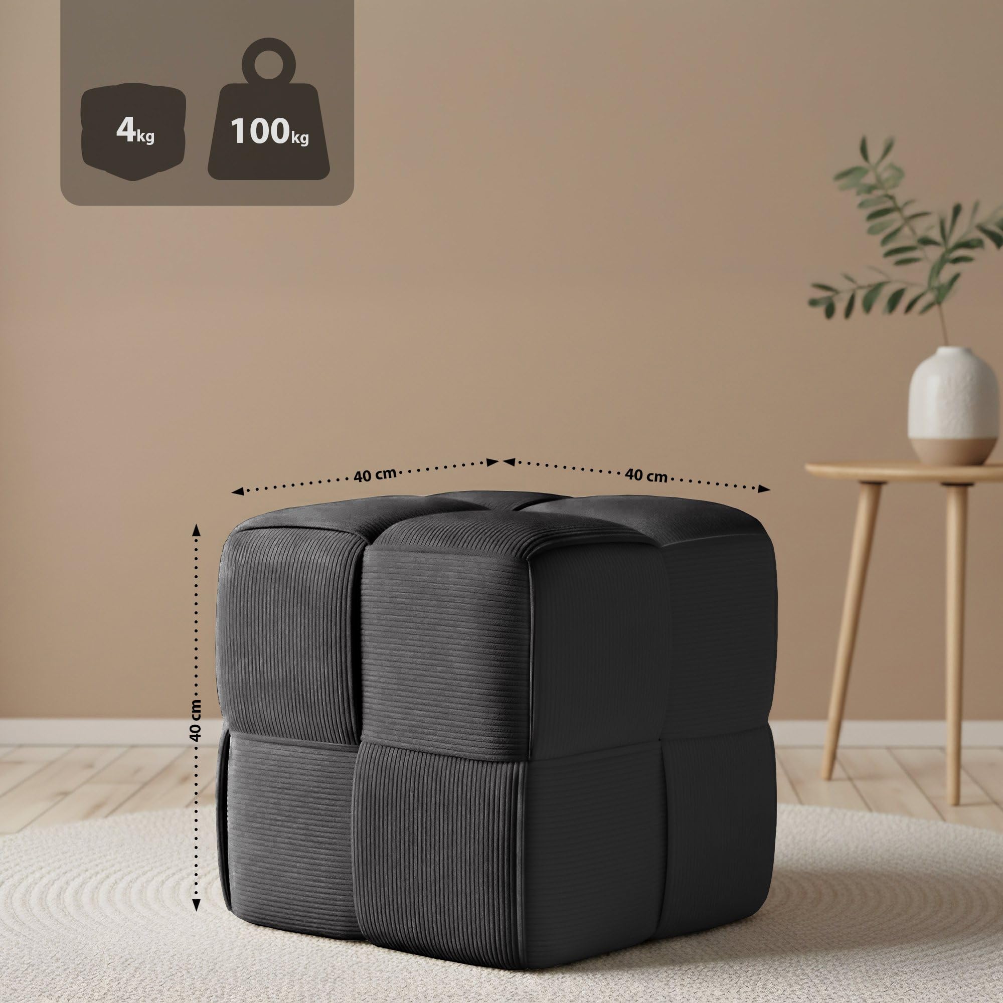 CLP Sitzhocker Cord Forinta, modernes quadratisches Design, bequemer Hocker, Fußhocker, Sitzwürfel für Wohnzimmer & Schlafzimmer, Farbe:dunkelgrau