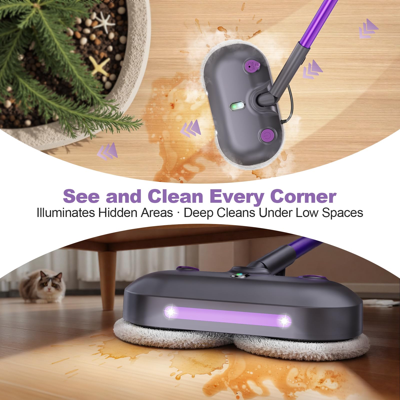 Fregona de vapor y fregona con almohadillas giratorias, limpiador de suelos para fregar y desinfectar, tanque de agua XL, cable de 23 pies, faros LED, almohadillas reutilizables y autónomo para suelos