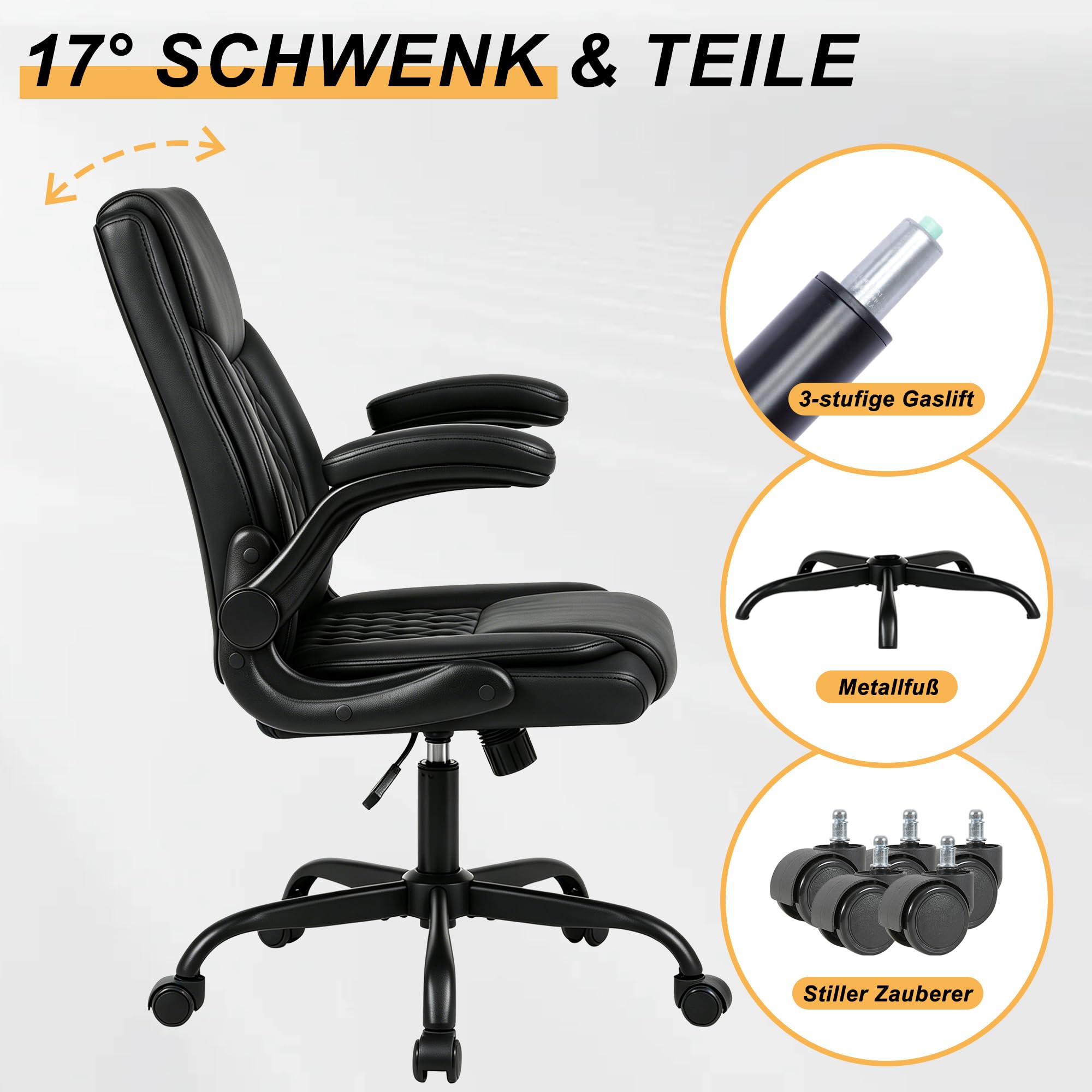 Andyou ergonomischer Bürostuhl – höhenverstellbar, Rückenlehne 17° neigbar, 90° klappbare Armlehnen, atmungsaktives PU-Leder, Drehsessel mit Rollen, belastbar bis 130 kg, schwarz