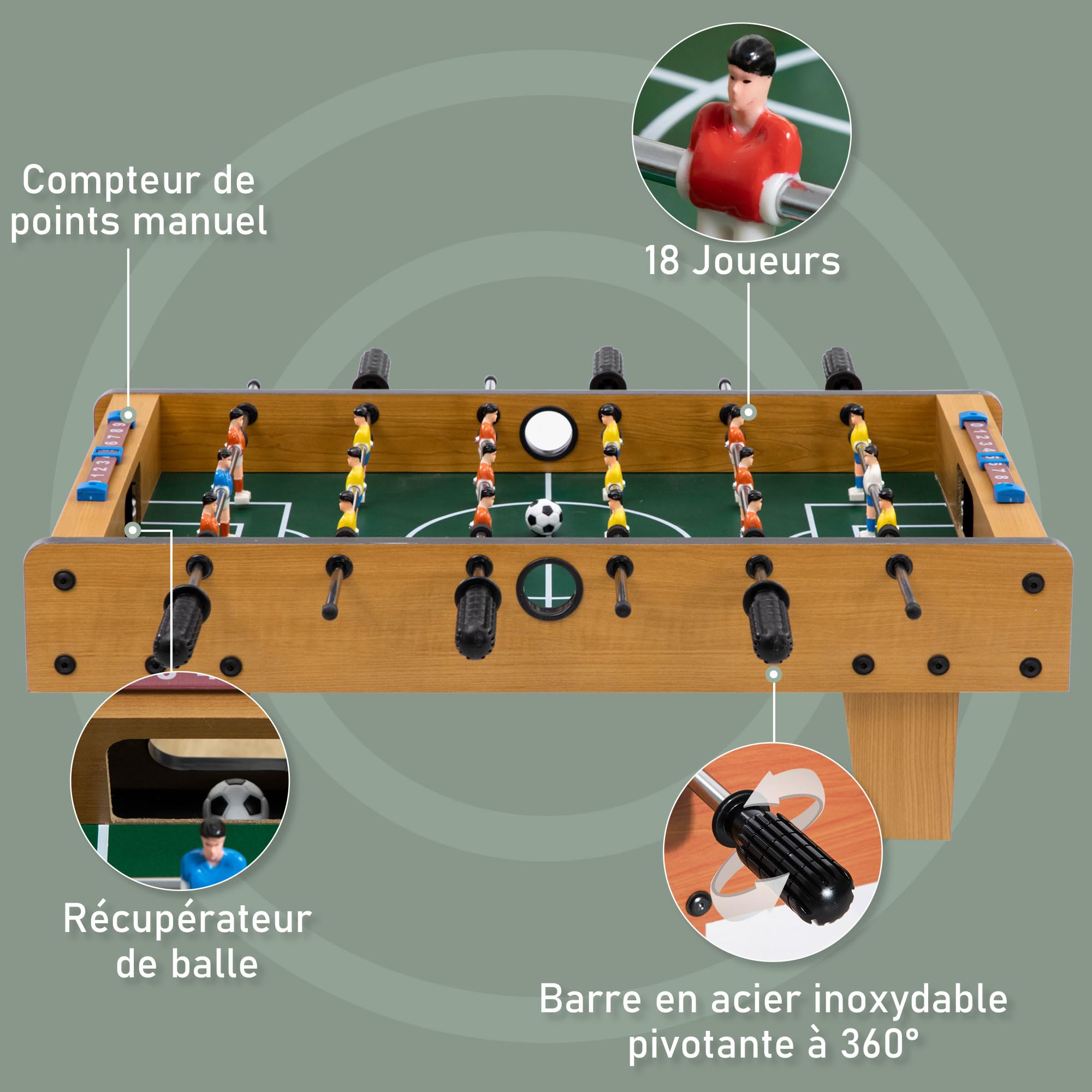 HOMCOM Table Baby-Foot pour Adolescents à partir de 6 Ans 2 Ballons 18 Joueurs 69 x 37 x 24 cm