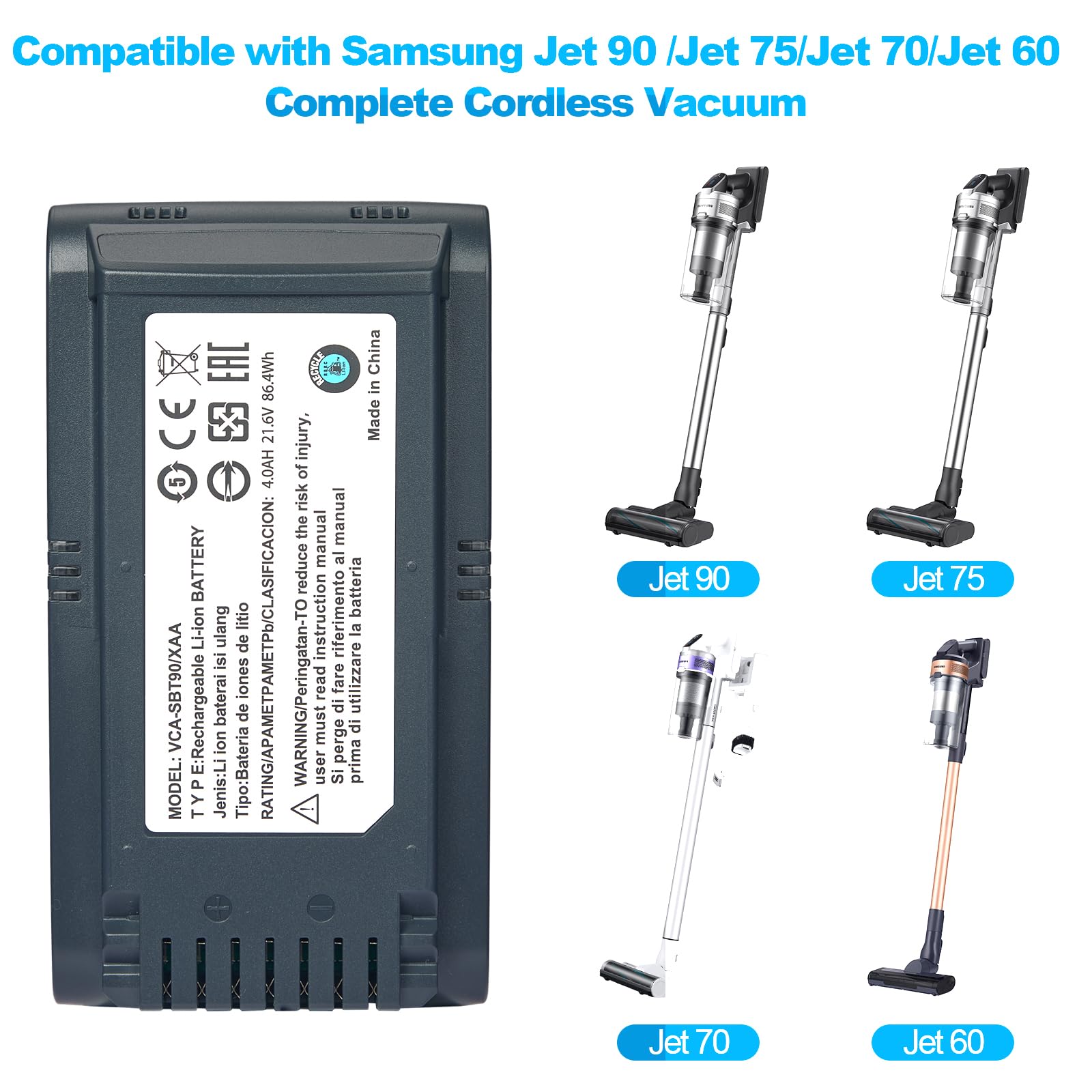 Batería de repuesto de 4,0 Ah para aspiradoras de batería Samsung Jet 60, Jet 70, 75, 75+ y Jet 90/90+, compatible con los modelos VCA-SBTA60, VCA-SBT90 y VCA-SBT90EB