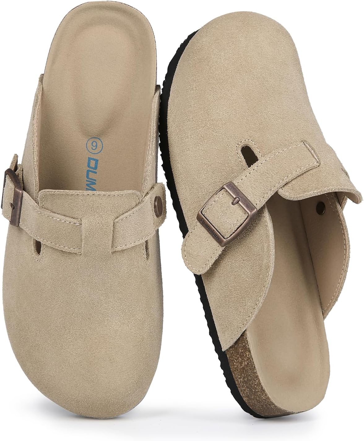 Dumalum Suede Clogs for Women and Men - Adjustable Buckle Slip-on Cork Footbed Mules with Antislip Sole - Unisex Slippers