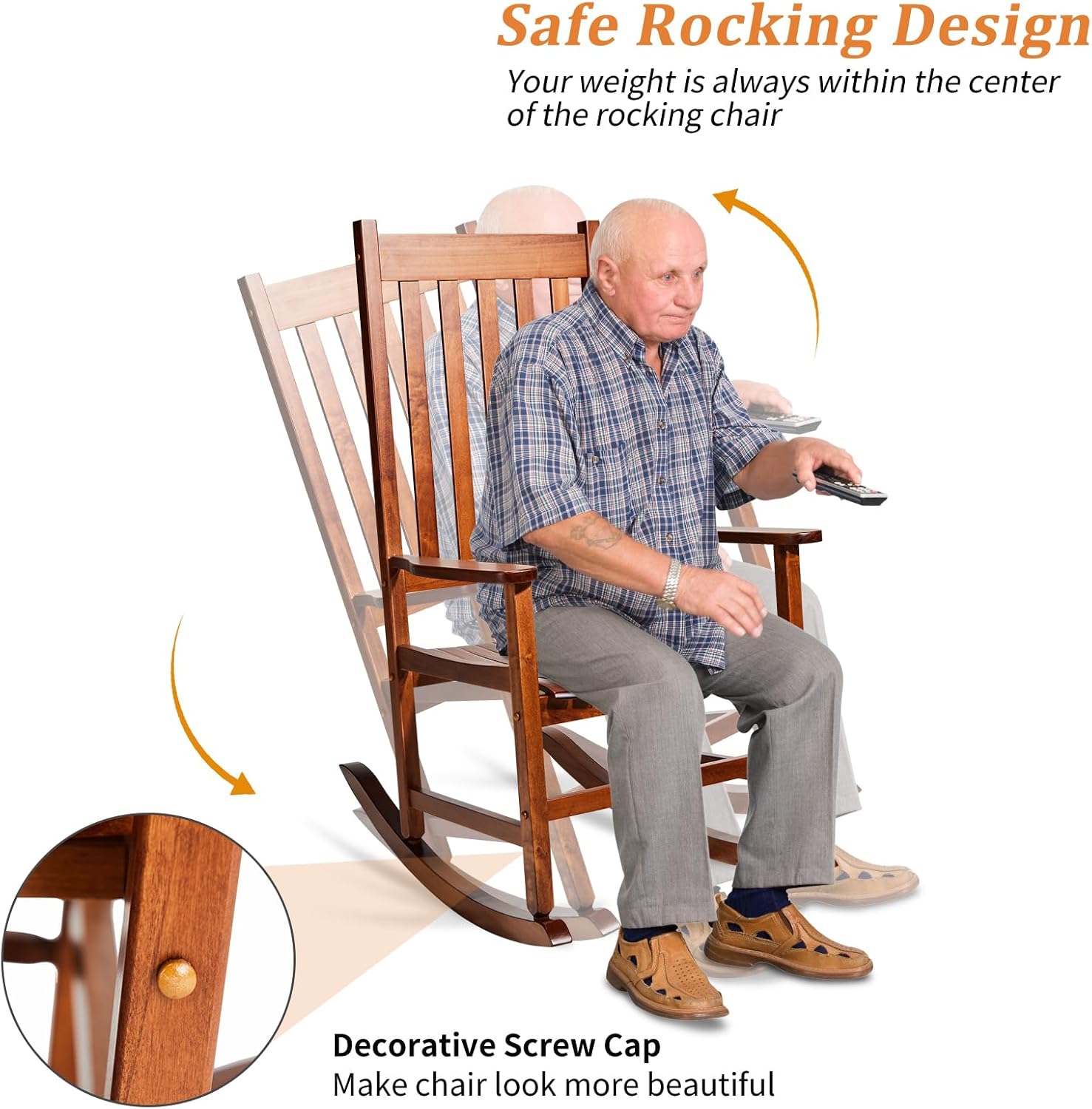 Outvita Outdoor Rocking Chair, Solid Wood High Back Rocker, All Weather Lounge Chair for Porch Patio Fire Pit Garden Backyard Deck Indoor, Natural