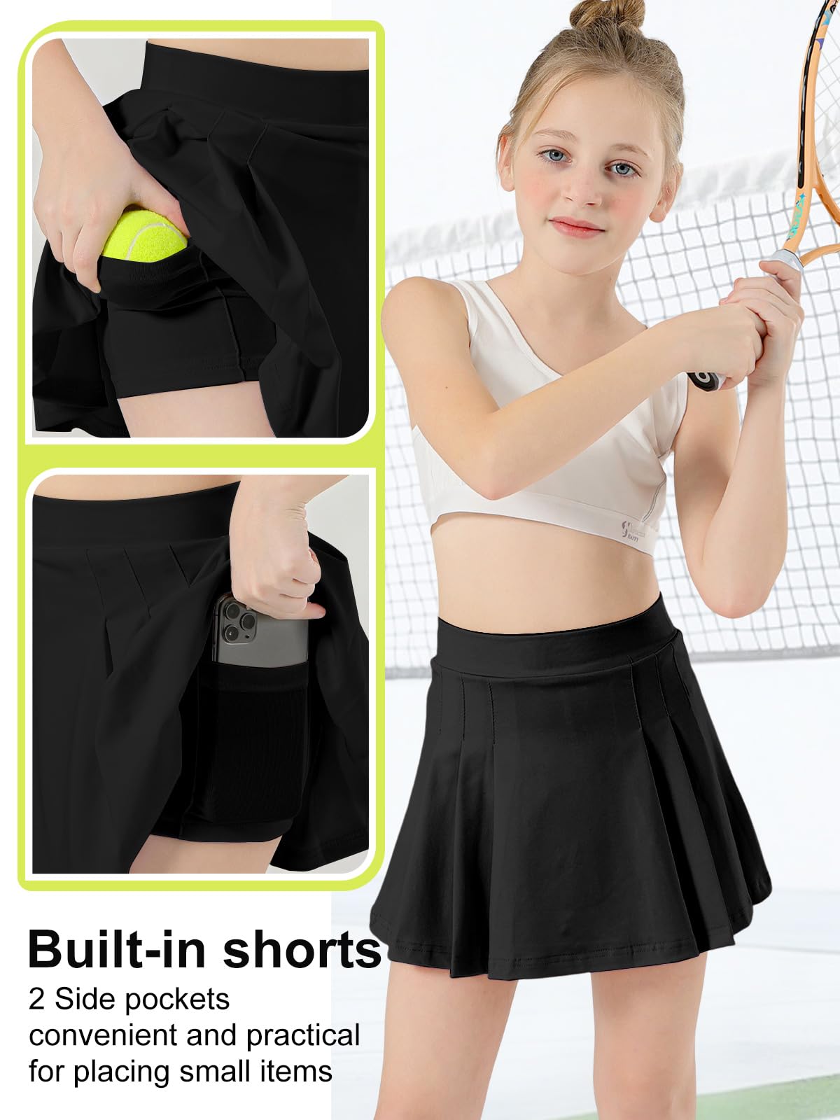 Spódnica tenisowa dla dziewcząt, plisowana spódnica ze spodenkami wewnętrznymi, kieszeniami, spódniczka sportowa, do golfa, skort, minispódniczka, mundurek szkolny 4-15