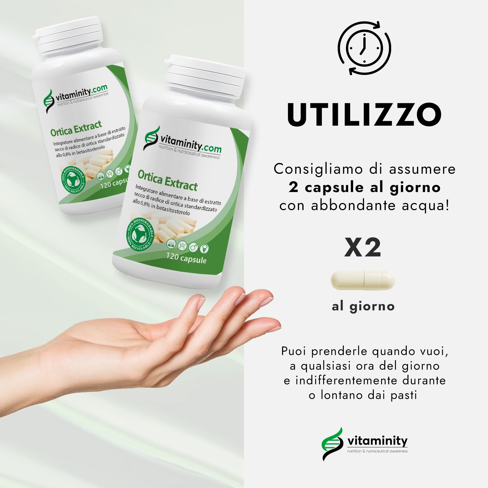 Vitaminity Ortica Integratore anti dht alto dosaggio 750mg 120 cps 2 al giorno, Dht blocker capelli favorisce la crescita con azione anticaduta, integratore capelli - Made in Italy