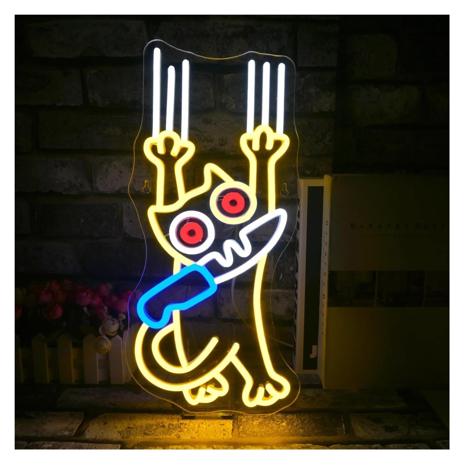 SHOUXI Sign Lamp Cute Cat Knife Neon Sign Cautiously Cat Light Dimmable for Bedroom Zoo Cafe House Store Home Wall Hanging Decor 20cmx42cm