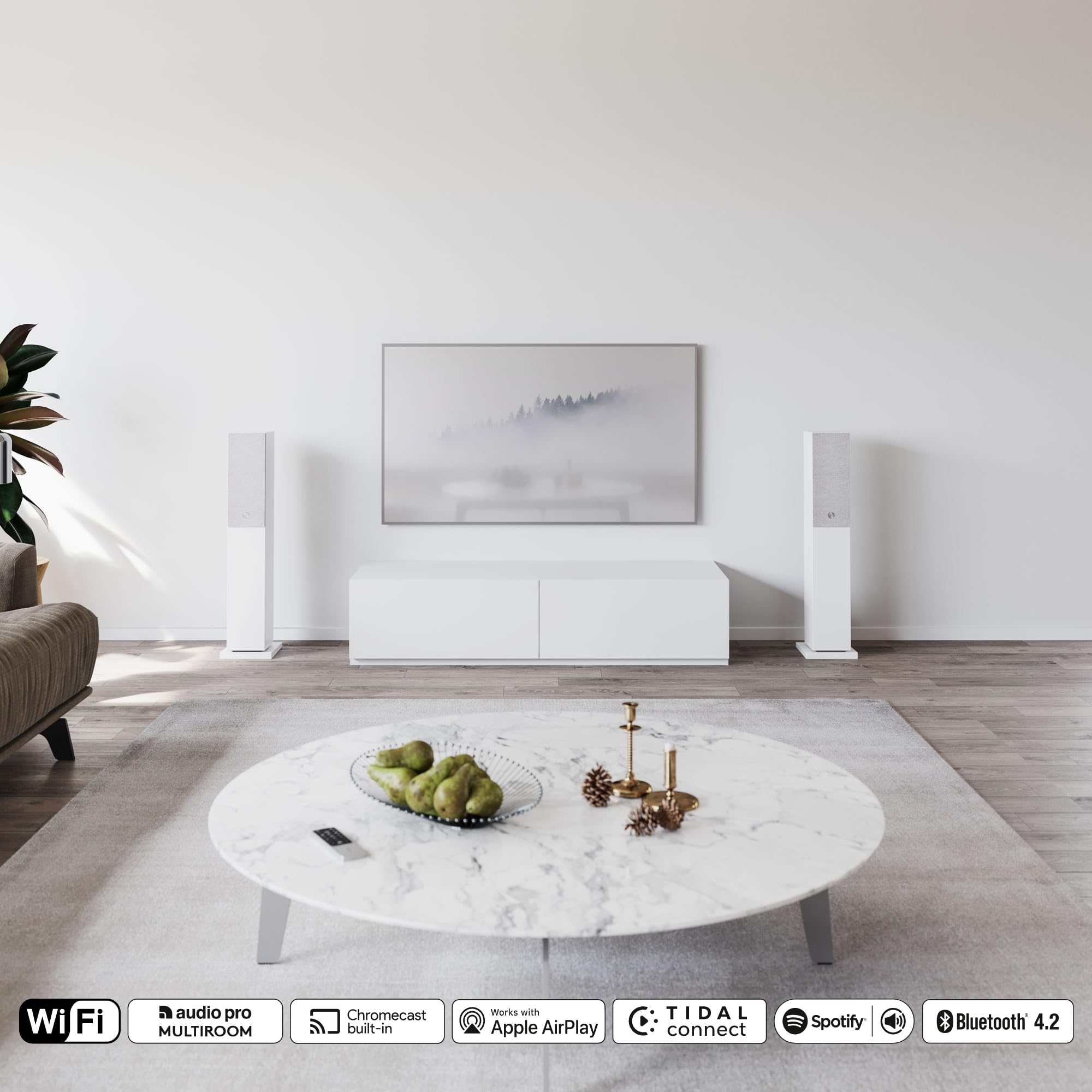 Audio Pro A38 Wireless Bluetooth Floorstanding Speakers | WiFi, HiFi, Multiroom Home Entertainment Stereo | Compatible w/Airplay 2, Spotify | for Ultimate TV Sound | White