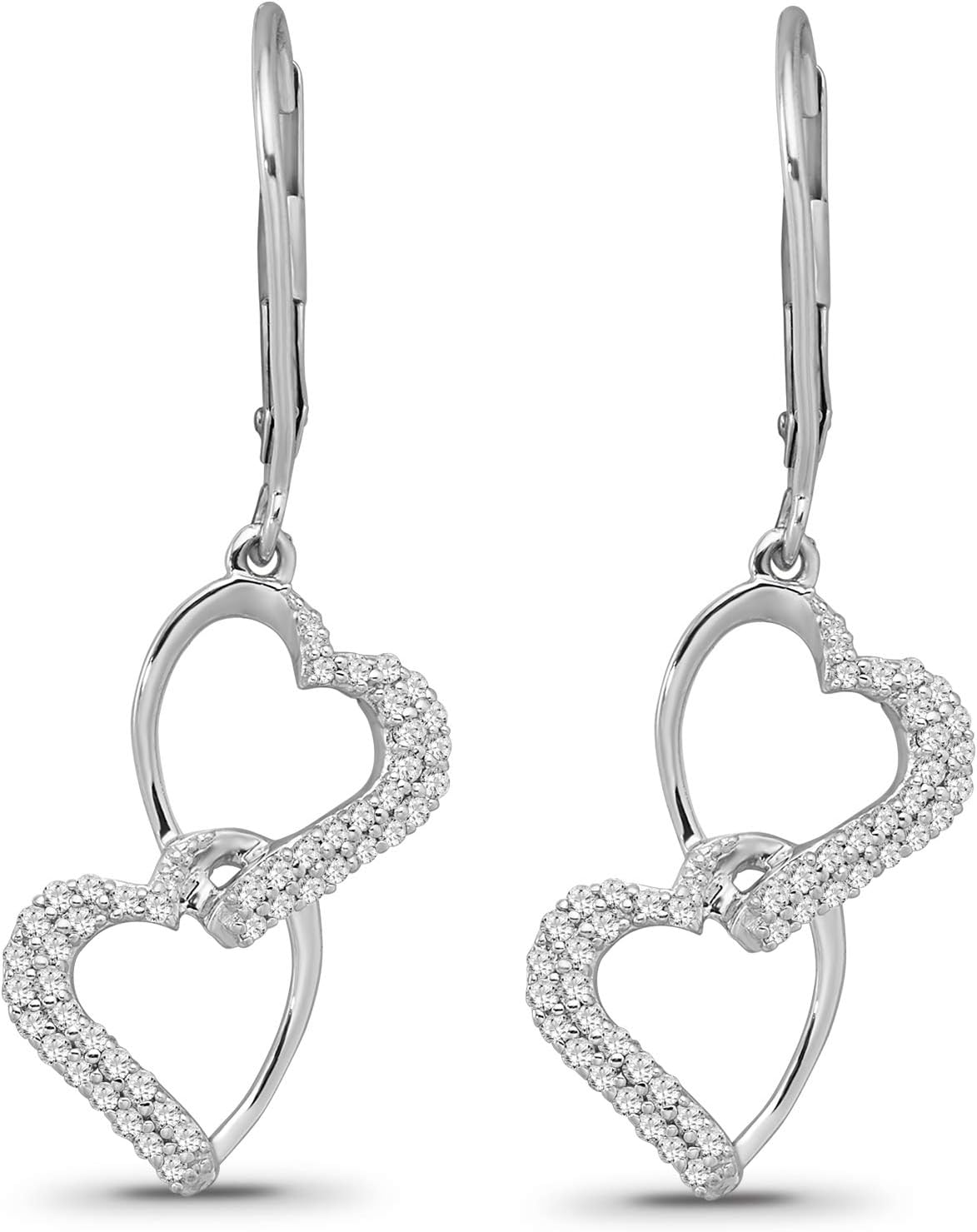 10K Gold and Silver Diamond Double Heart Dangle Earrings (1/3 cttw, I-J Color, I2-I3 Clarity)