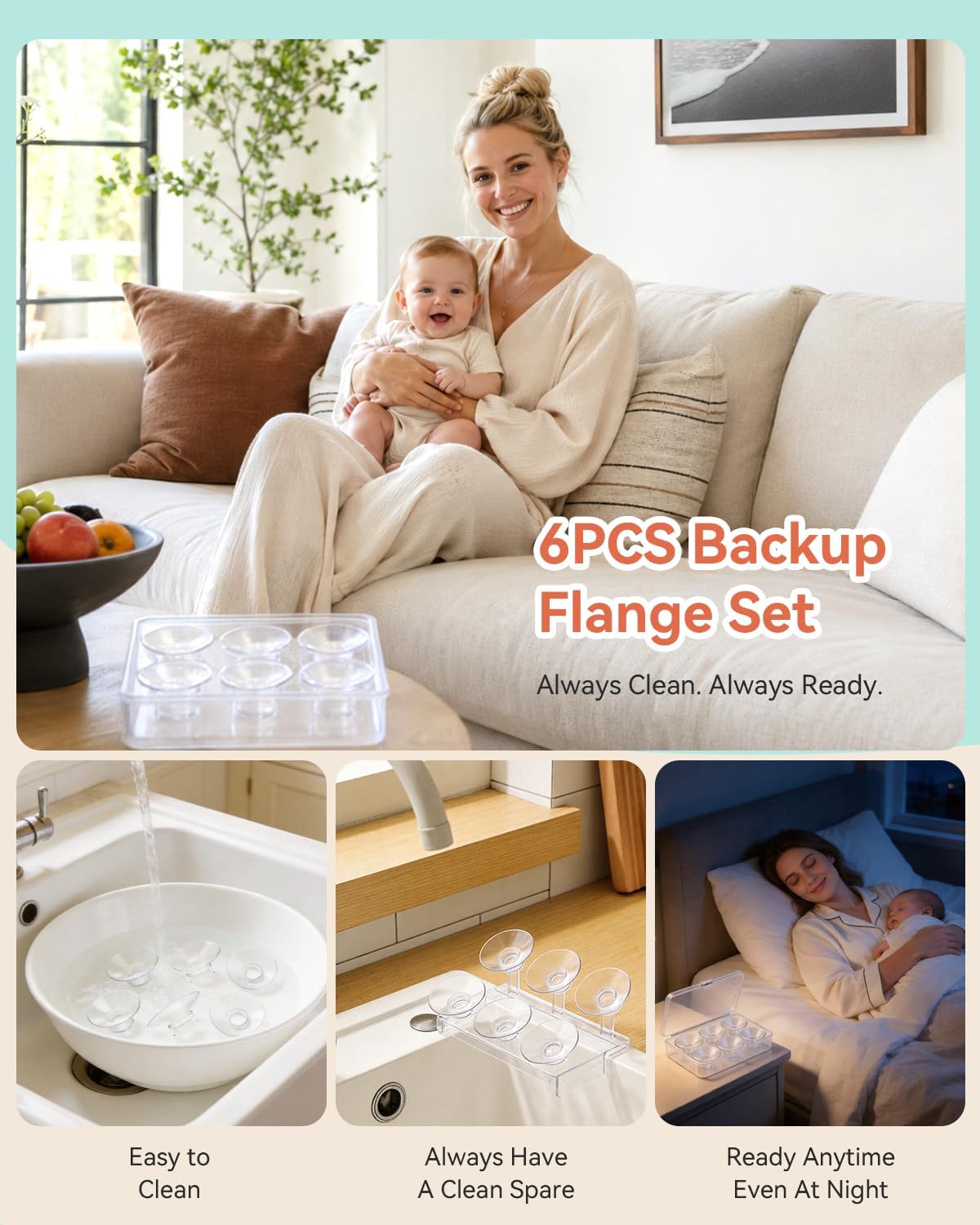 Breast Pump Flange Inserts 6PCS Wide Mouth 15mm, Liquid Silicone Flange Insert for 24mm Shields, Soft Comfort Pumping Inserts Compatible with Momcozy Spectra Medela Elvie Eufy, with Storage Case