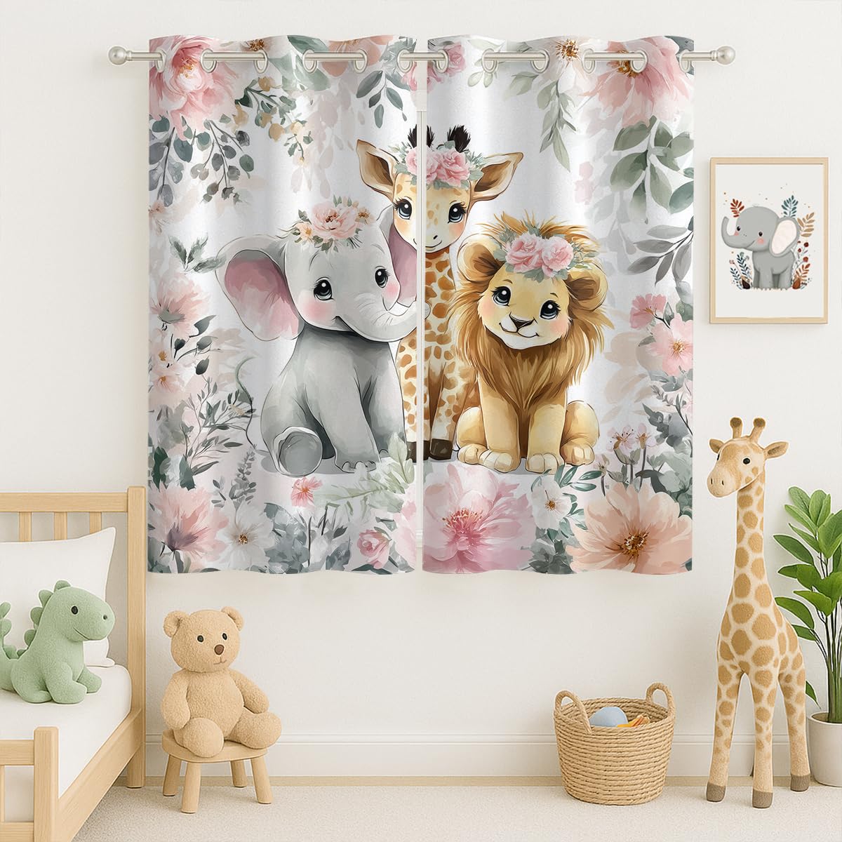 Animals Curtain, Watercolor Pink Floral Flowers Cartoon Cute Elephant Giraffe Lion, Grommet Curtains for Family Room or Reading Nook, Set of 2 Panels, 63 x 63 Inch, Thermal Insulated Darkening Drapes