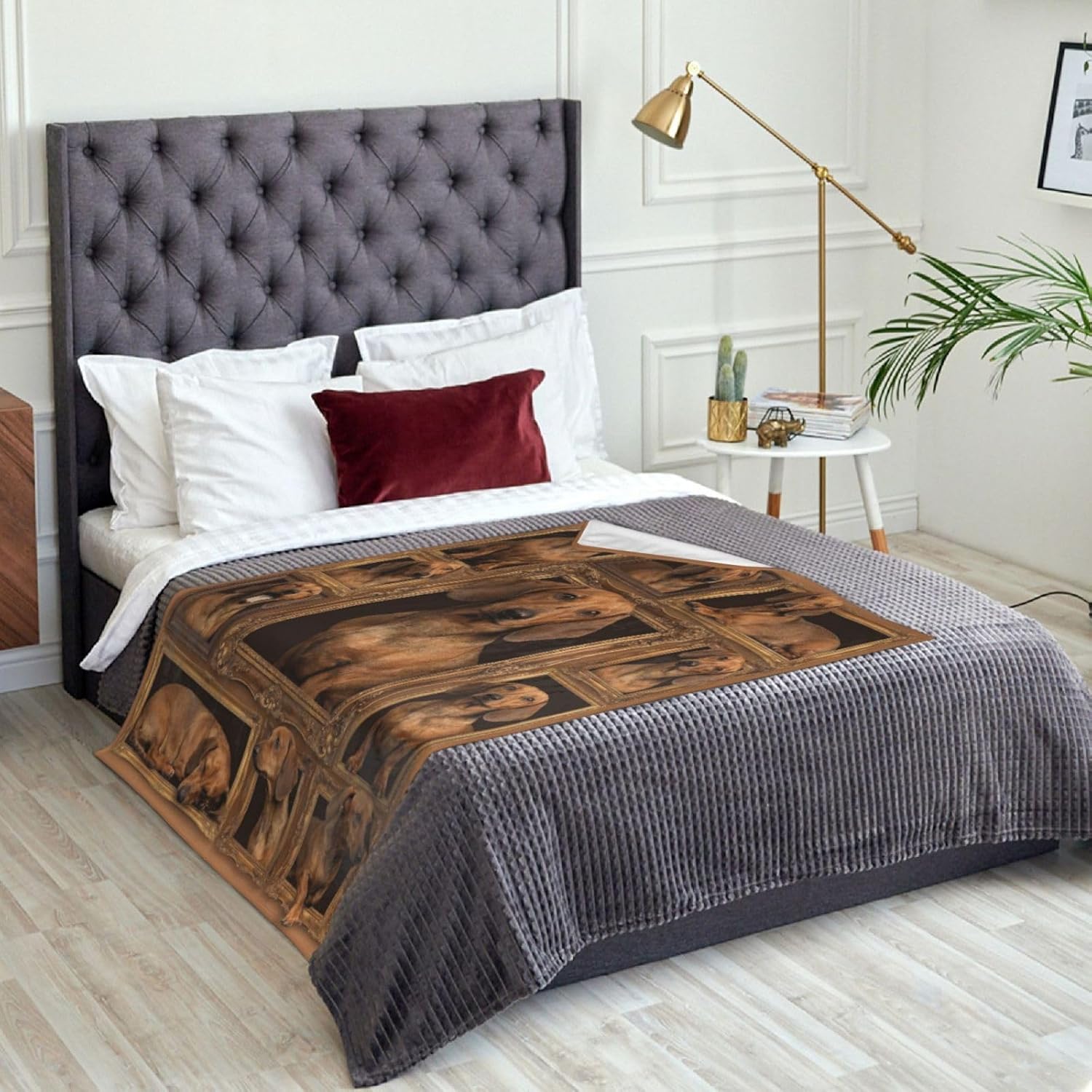 Cute Dachshund Blanket Framed Photo Collage Soft Cozy Fleece Lap Throw for Couch Sofa Bed Car Travel Home Decor Gift for Him Her - 60"x50"